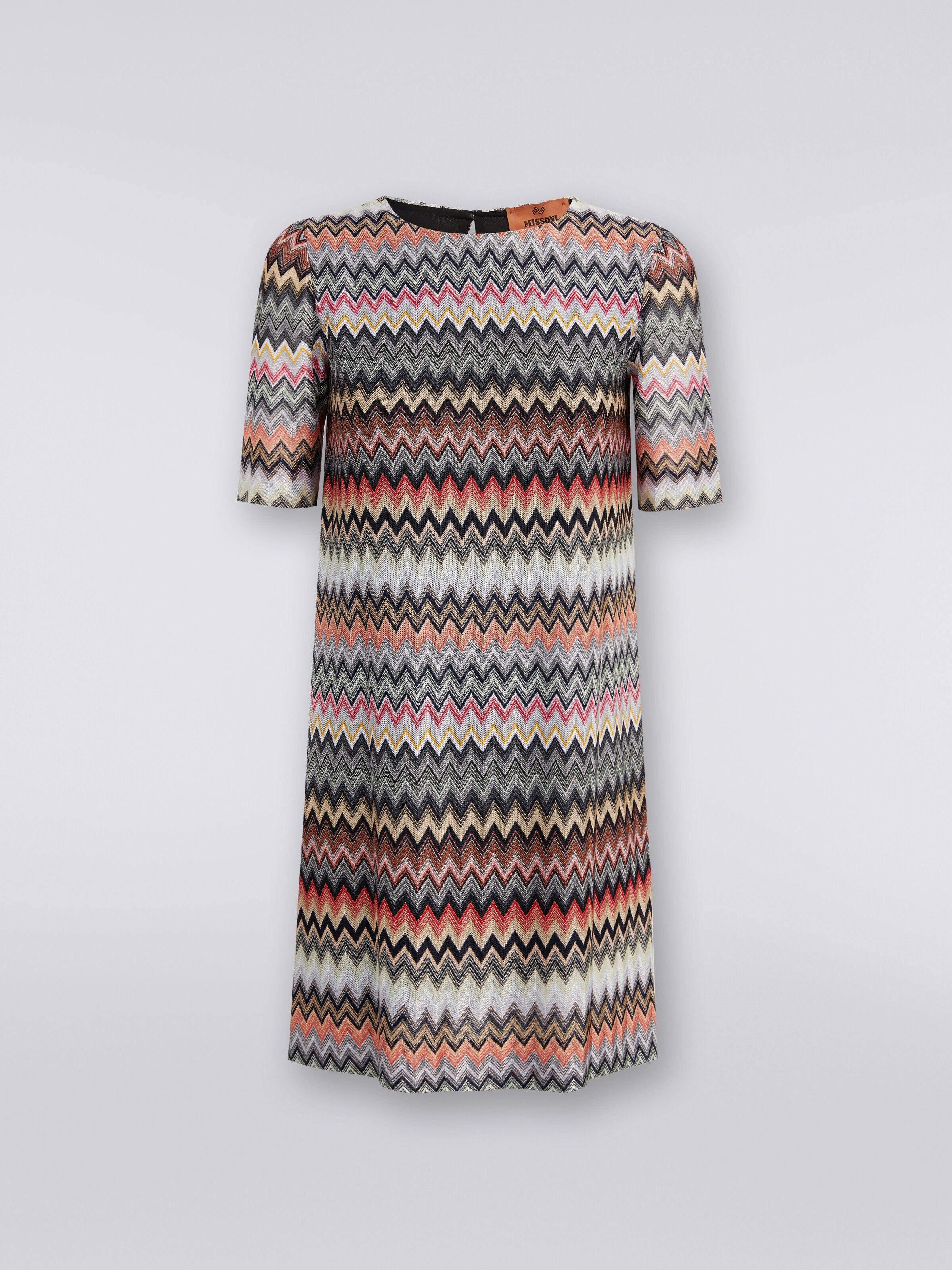 Short-sleeved dress in zigzag viscose and cotton , Multicoloured  - 0