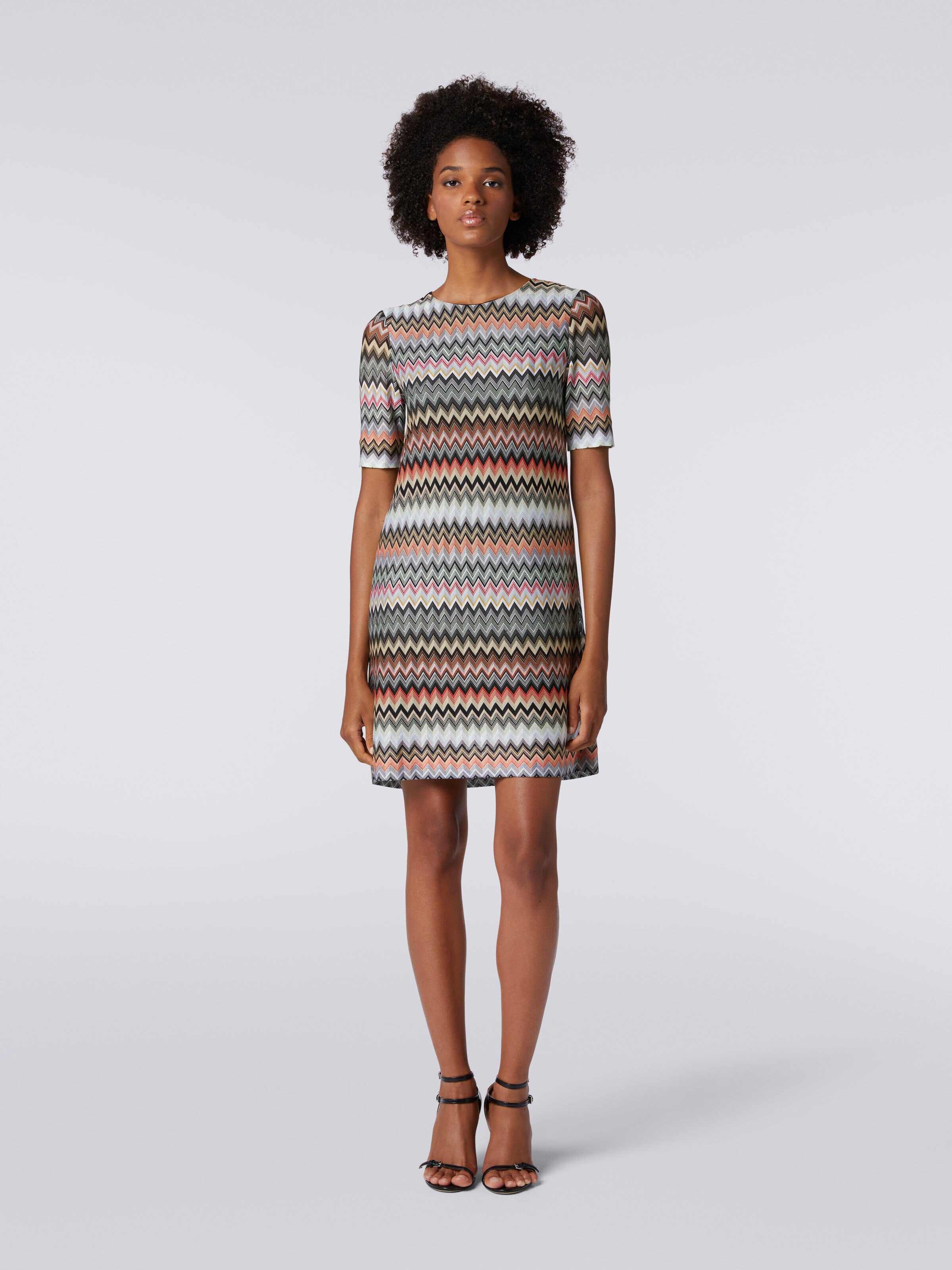 Robe à manches courtes en coton et viscose à zig zag , Multicolore  - 1