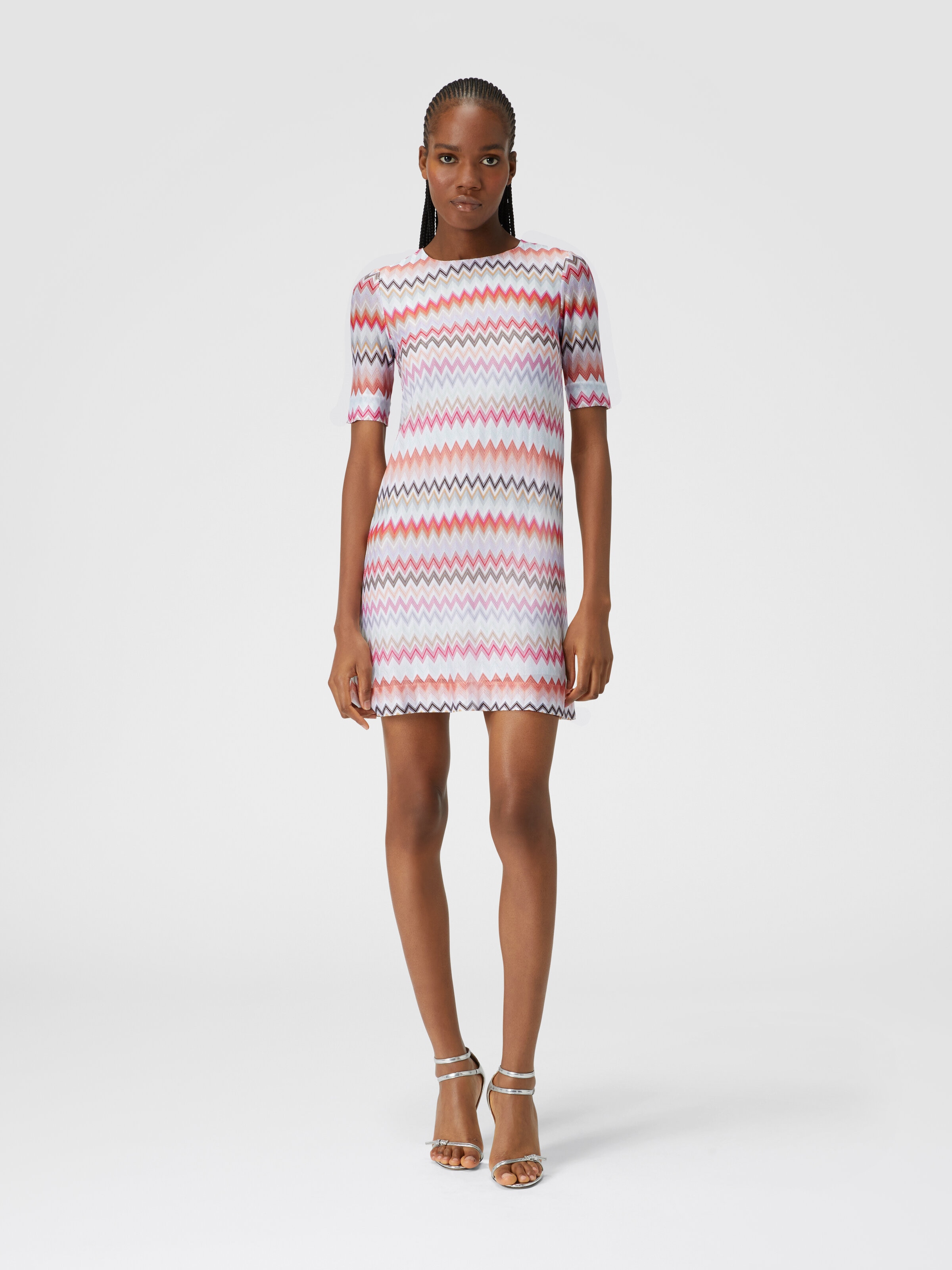 Short-sleeved dress in zigzag viscose and cotton , Multicoloured  - 1