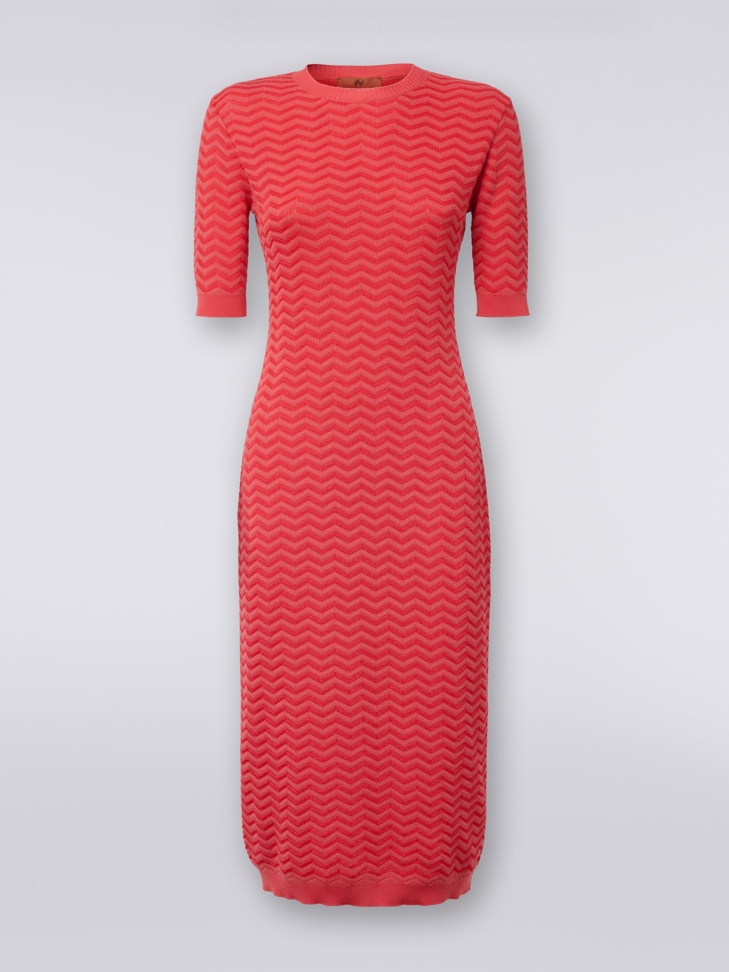 Longuette-Kleid aus Strick mit Chevronmuster und rundem Halsausschnitt, Rot  - 0