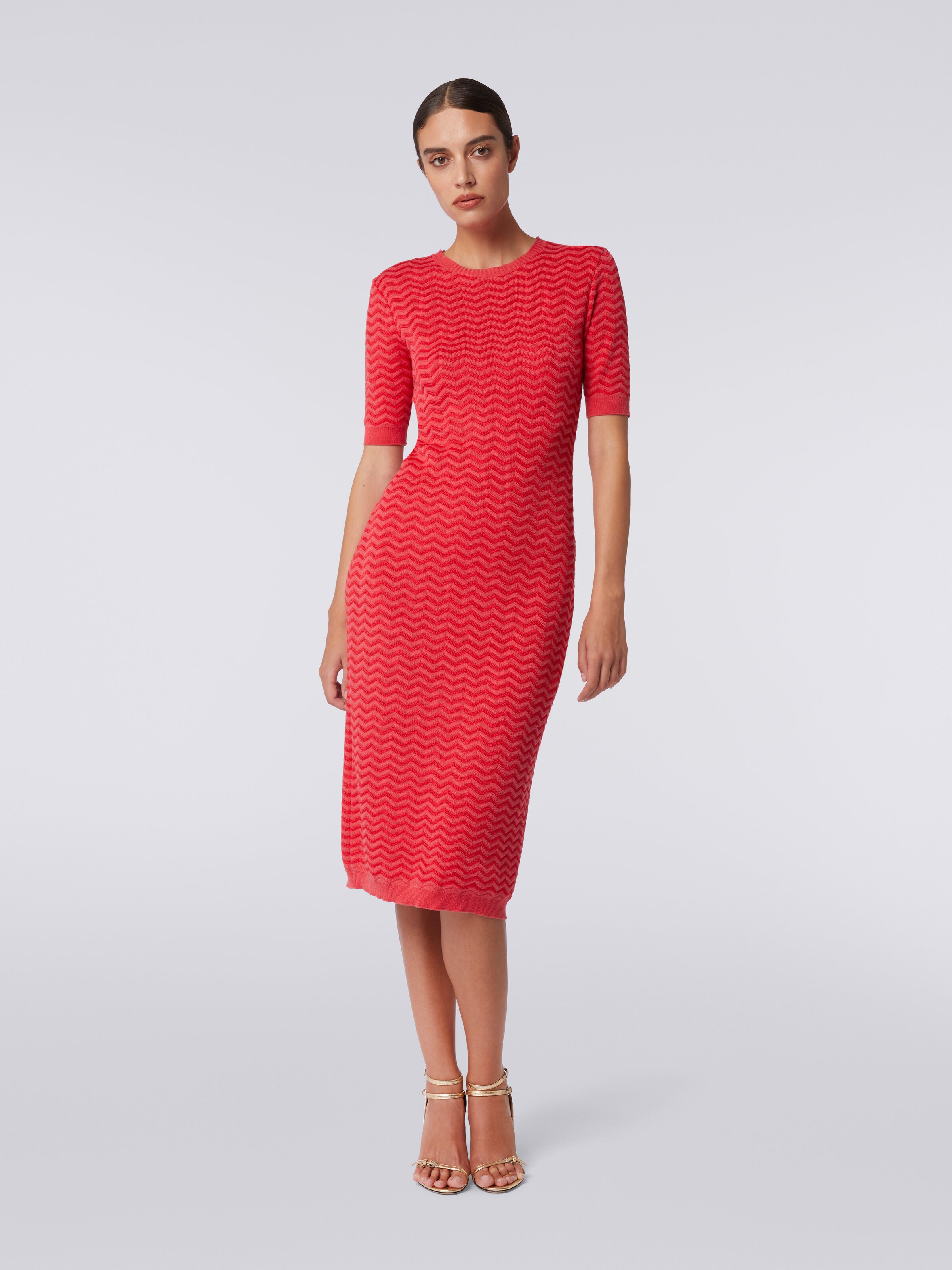 Crew-neck longuette dress in chevron knit, Red  - 1