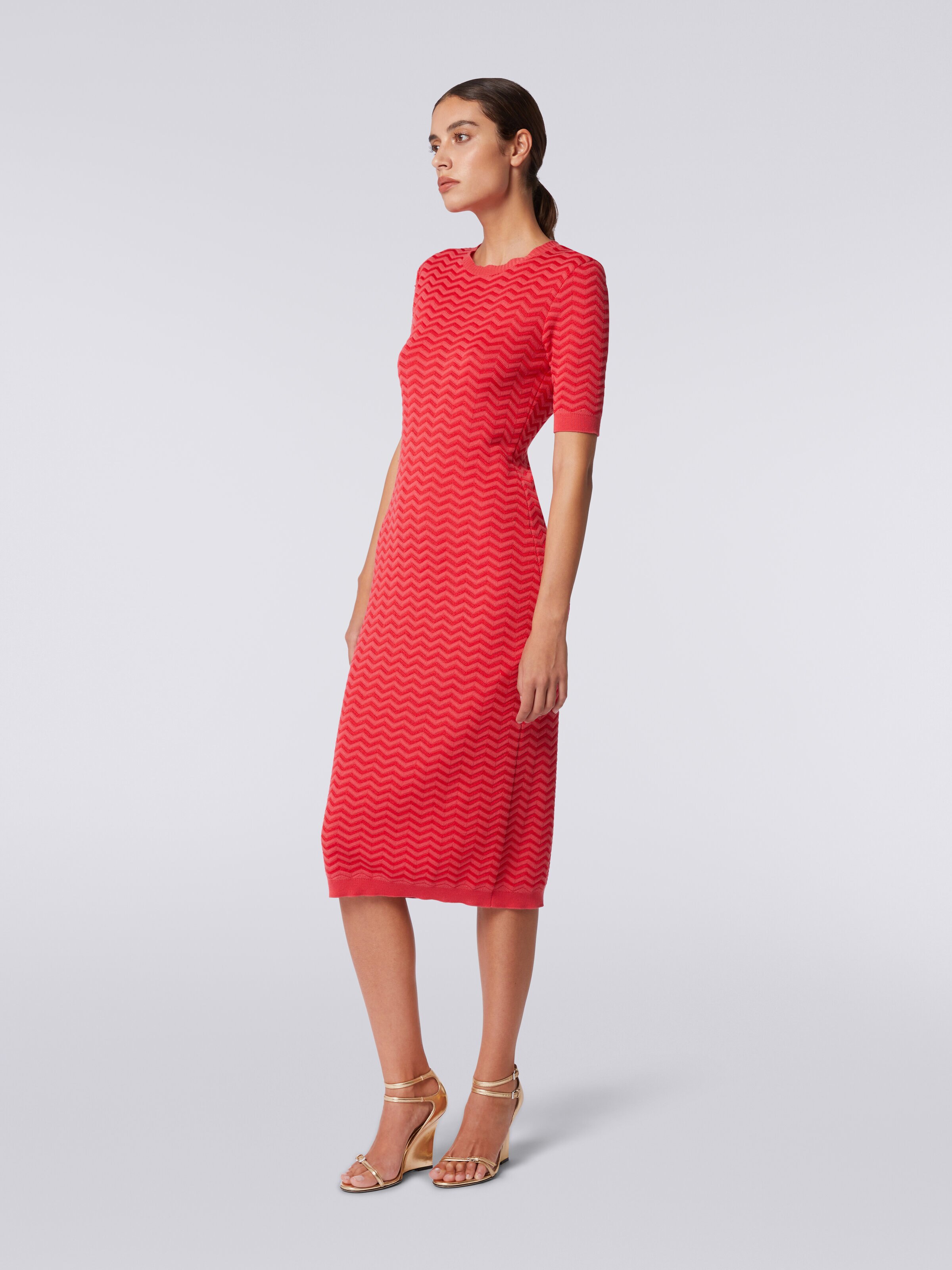 Crew-neck longuette dress in chevron knit, Red  - 2