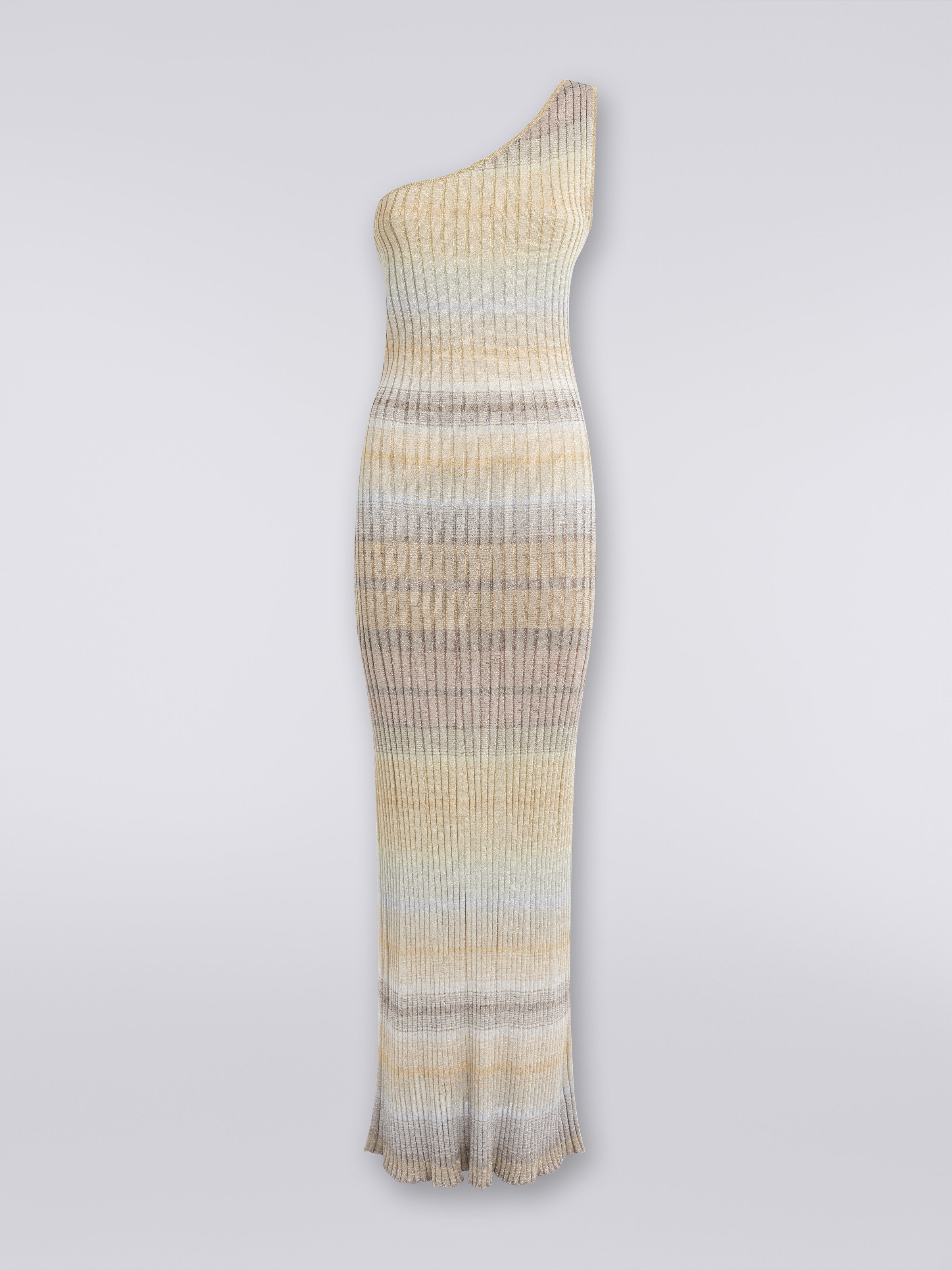 Long ribbed one-shoulder dress with lurex, Multicoloured  - 0