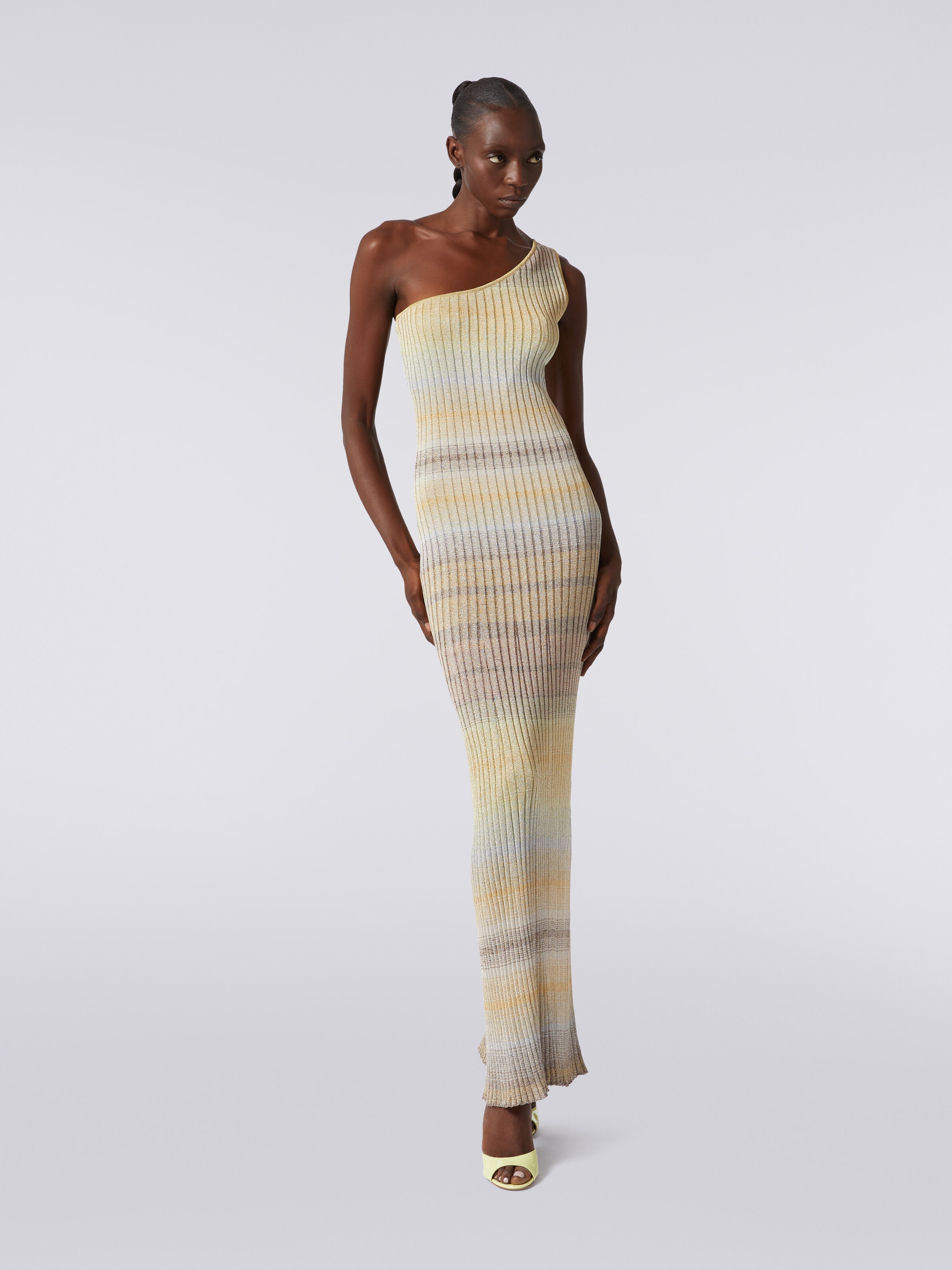 Long ribbed one-shoulder dress with lurex, Multicoloured  - 1