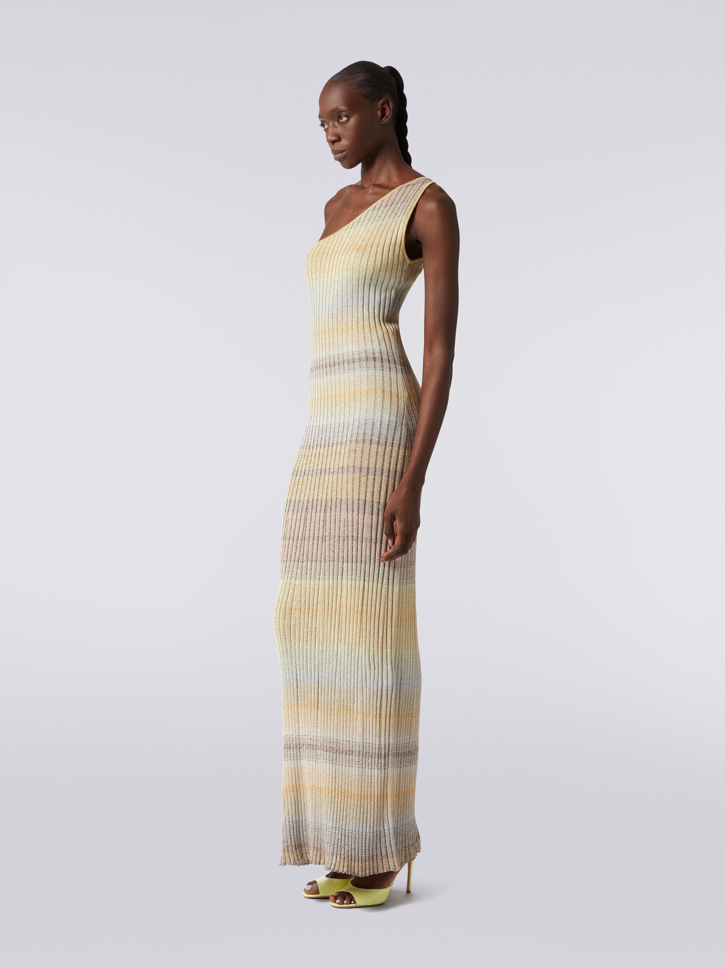 Long ribbed one-shoulder dress with lurex, Multicoloured  - 2