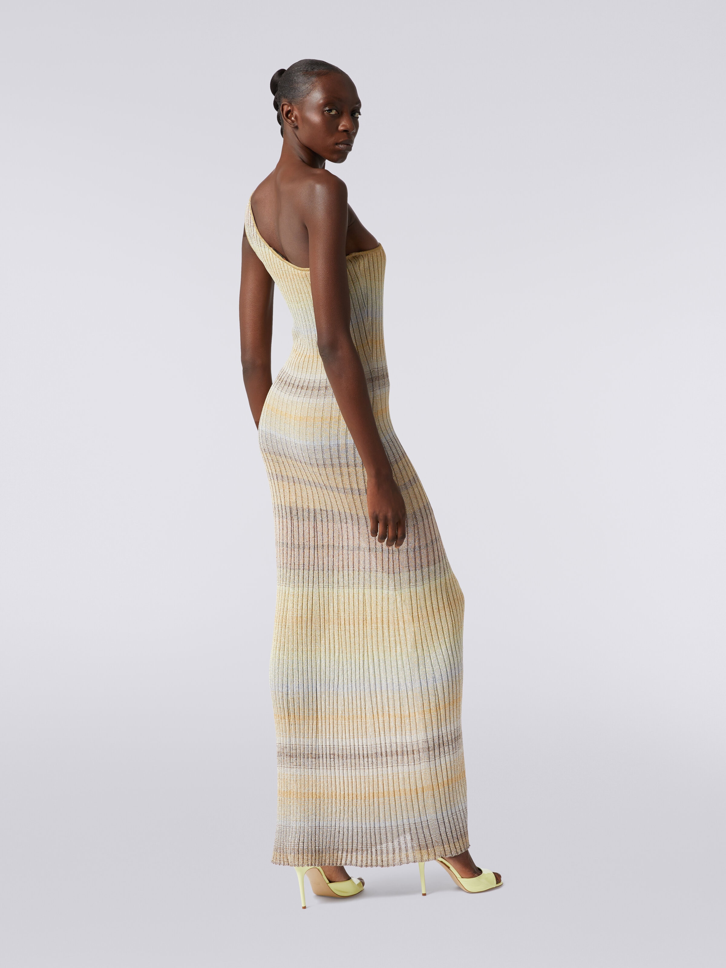 Long ribbed one-shoulder dress with lurex, Multicoloured  - 3