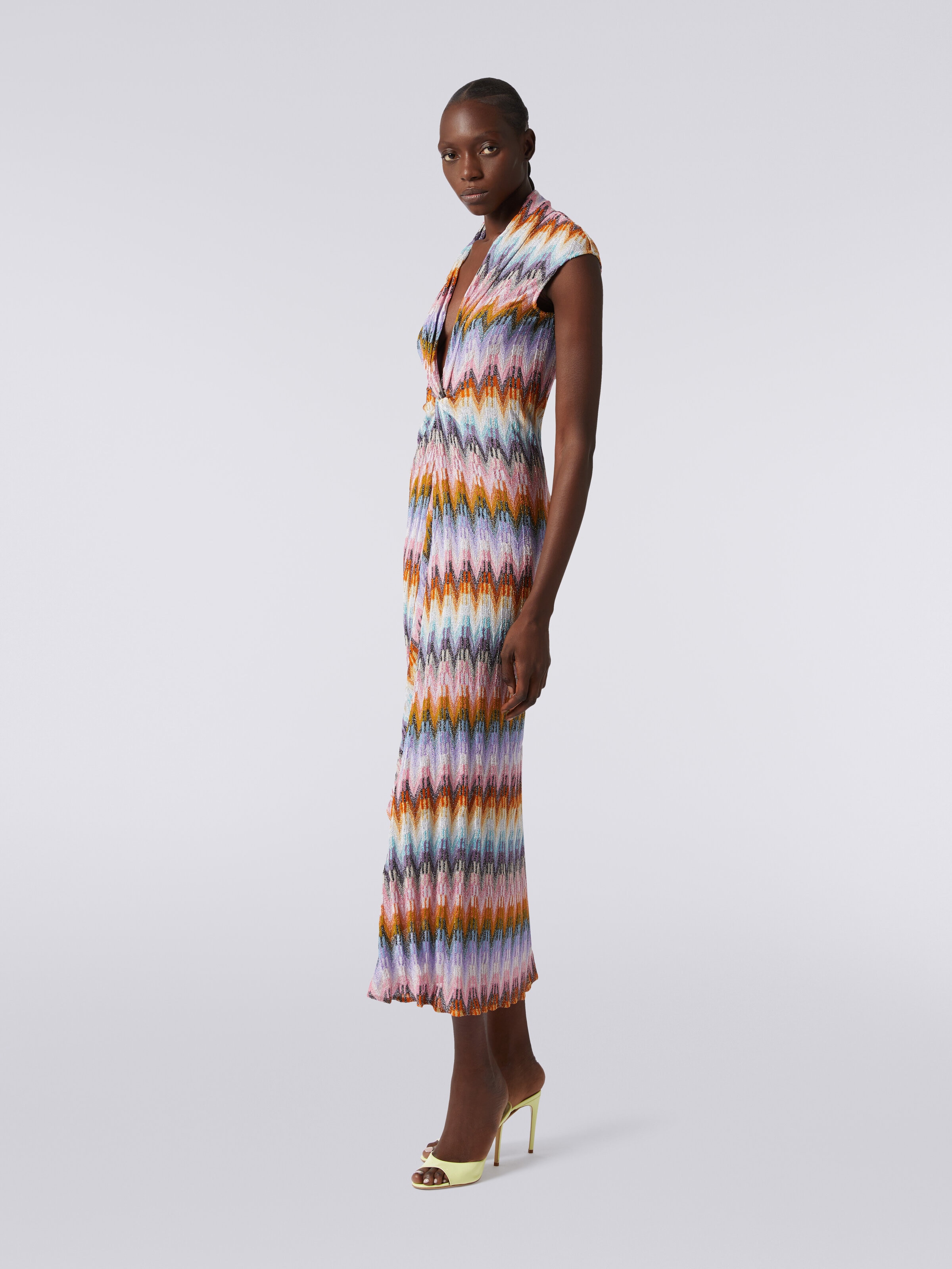 Long dress with knotted neckline and lurex, Multicoloured  - 2