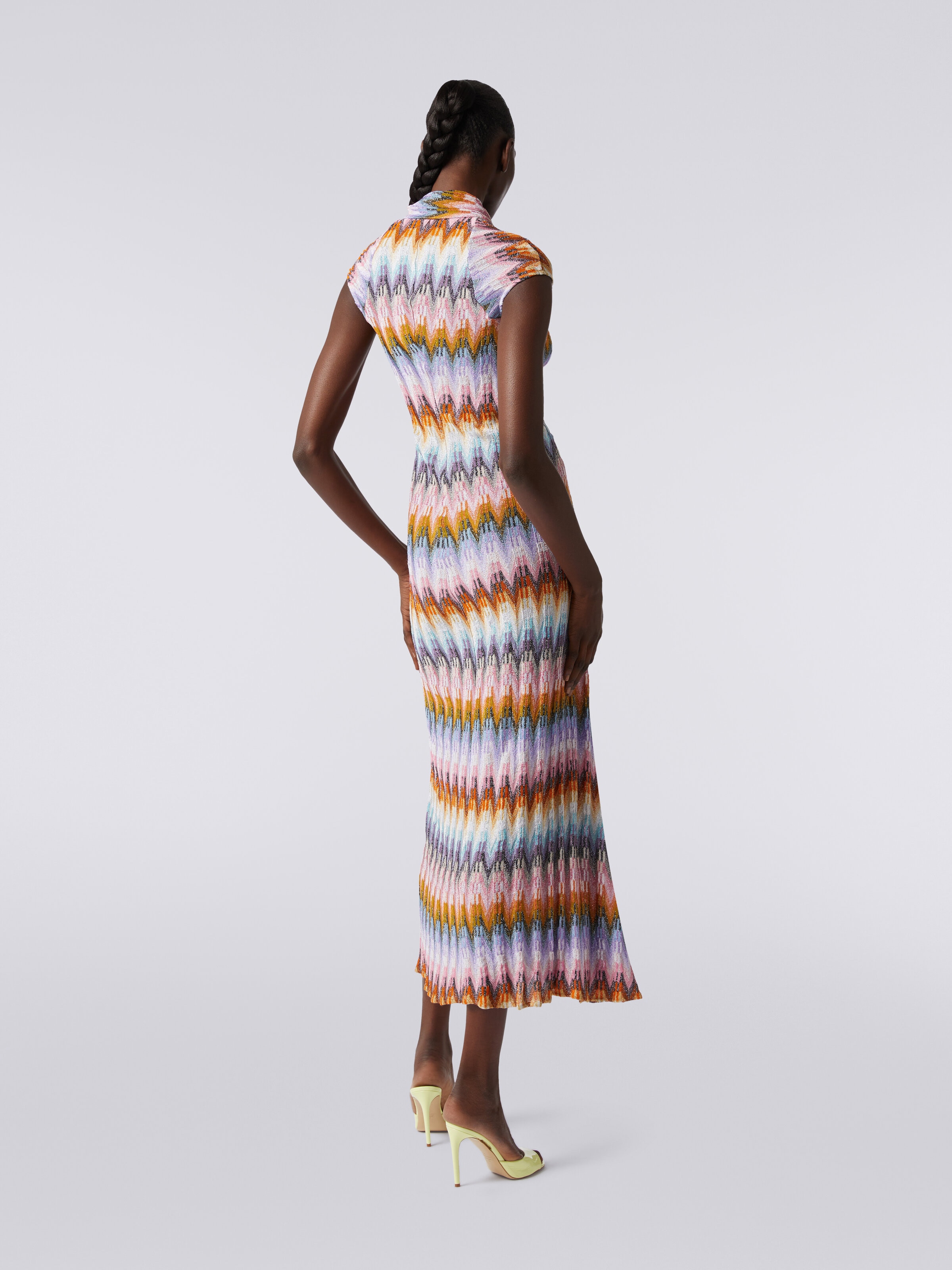 Long dress with knotted neckline and lurex, Multicoloured  - 3