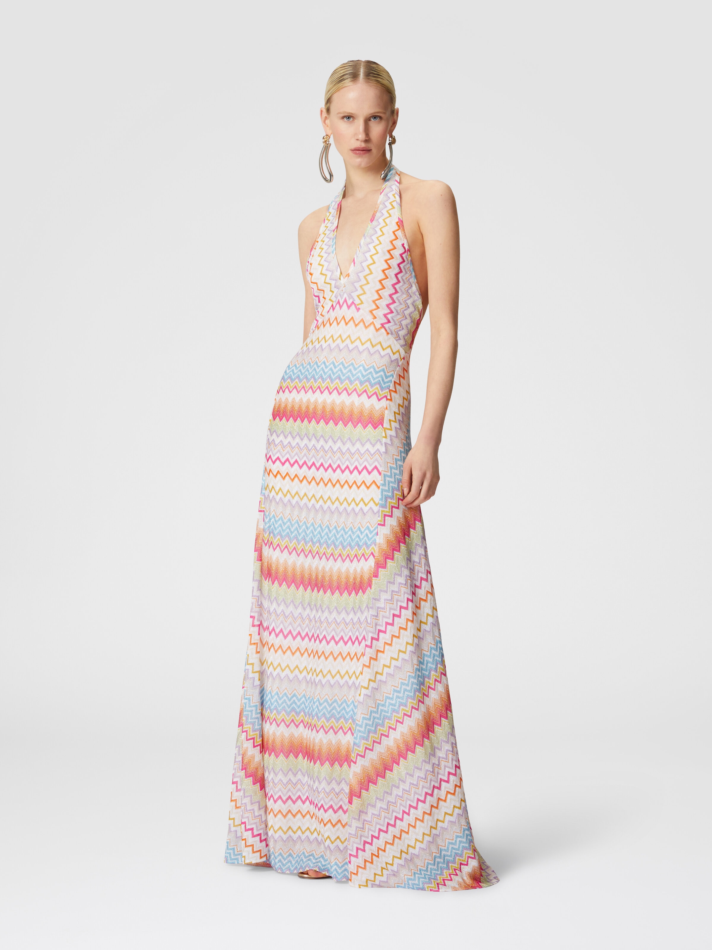 Long dress in viscose with zigzag pattern with lurex, Multicoloured  - 1