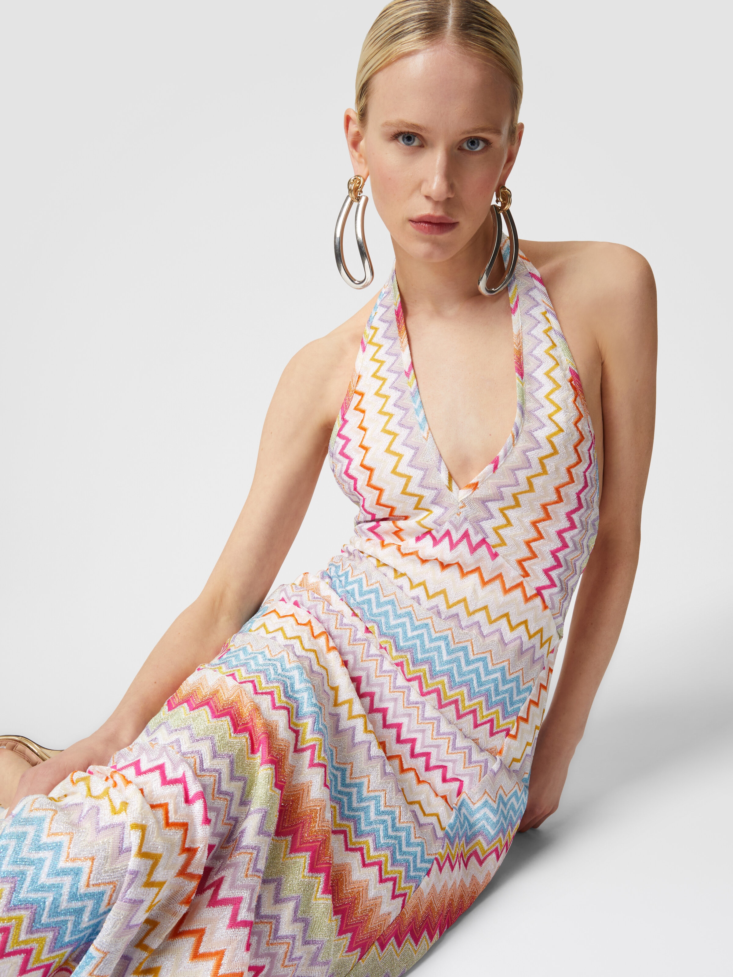Long dress in viscose with zigzag pattern with lurex, Multicoloured  - 4
