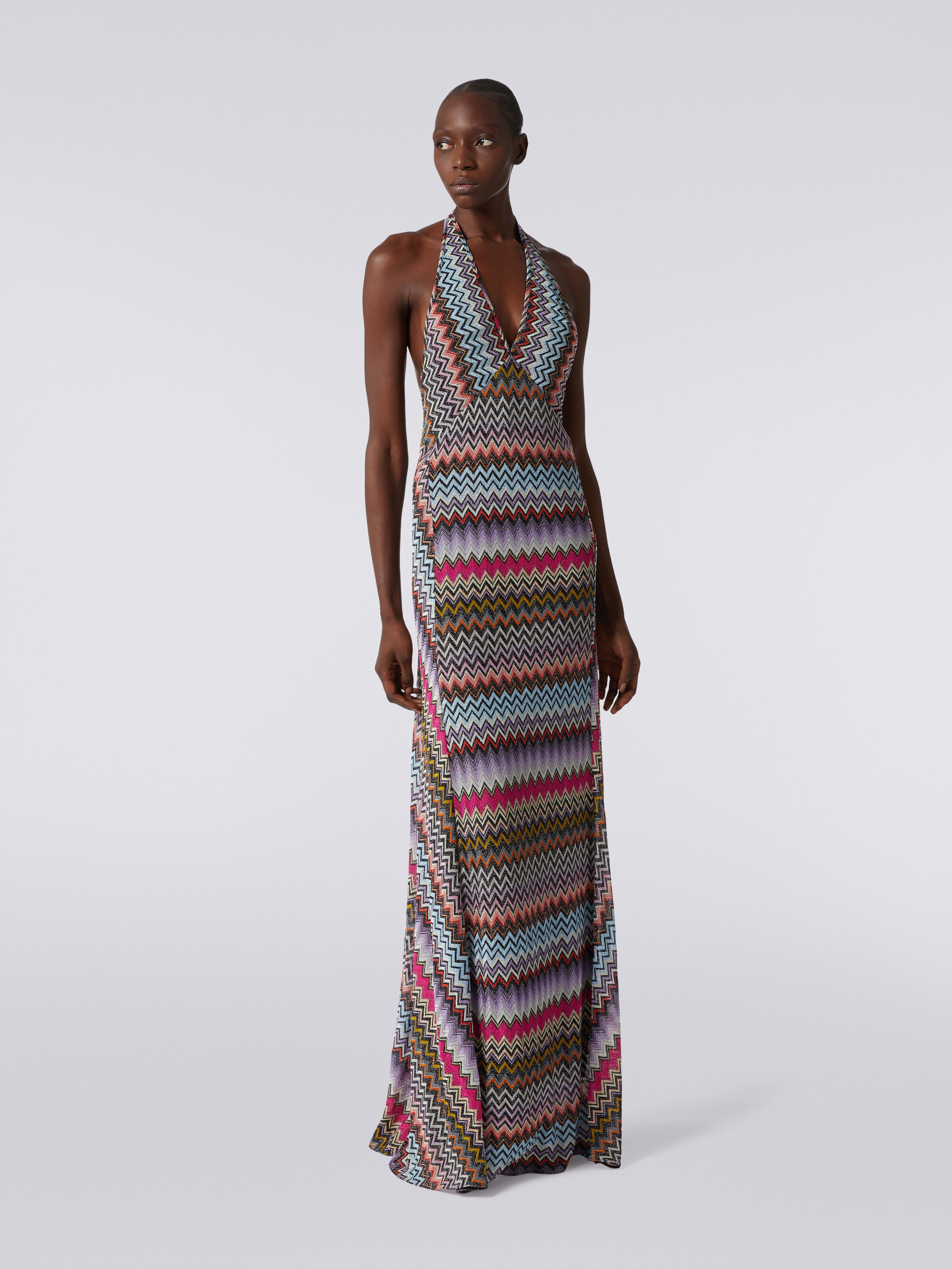 Long dress in viscose with zigzag pattern with lurex, Multicoloured  - 1