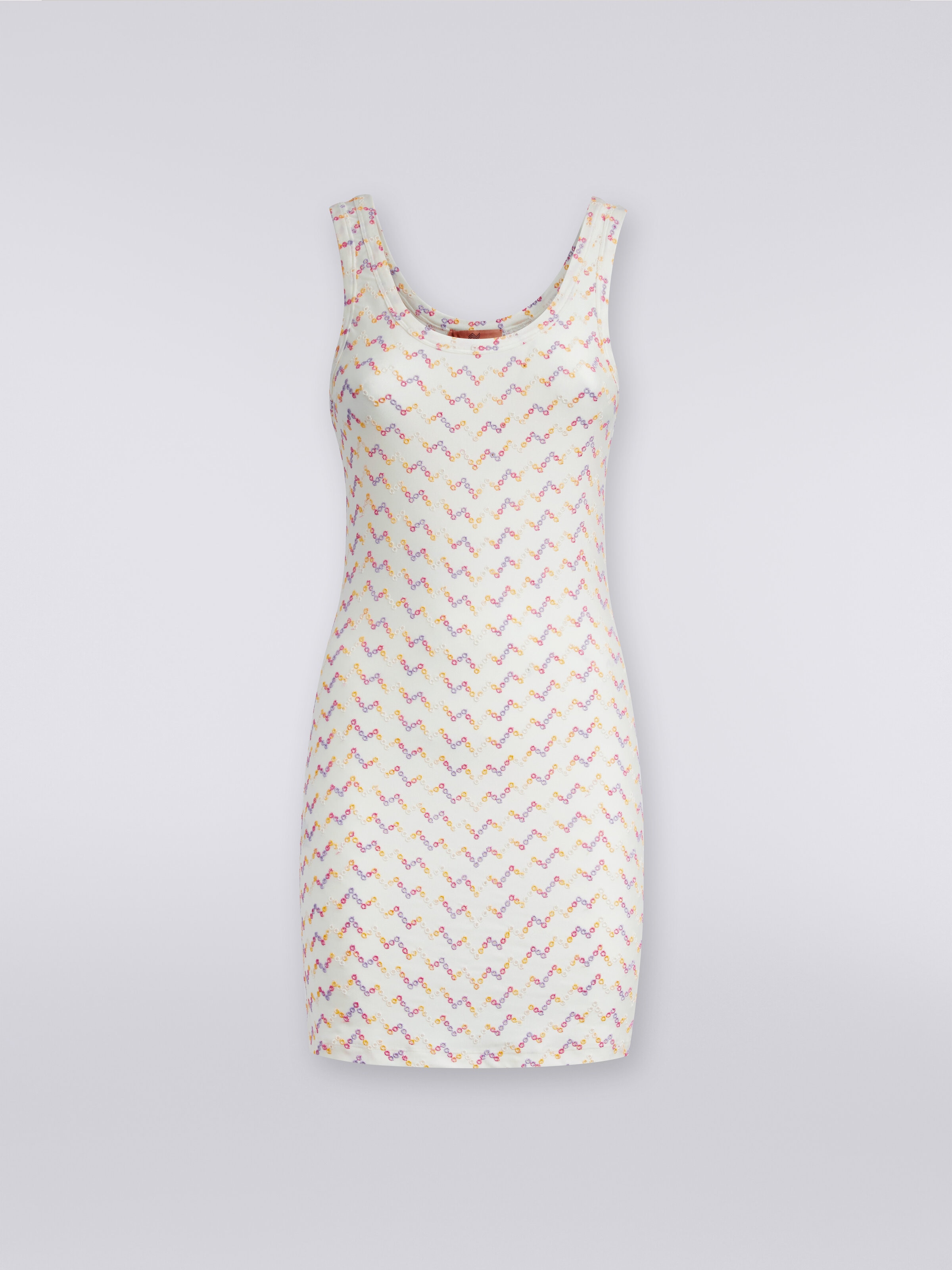 Sleeveless stretch mini dress with eyelet lace, Multicoloured  - 0