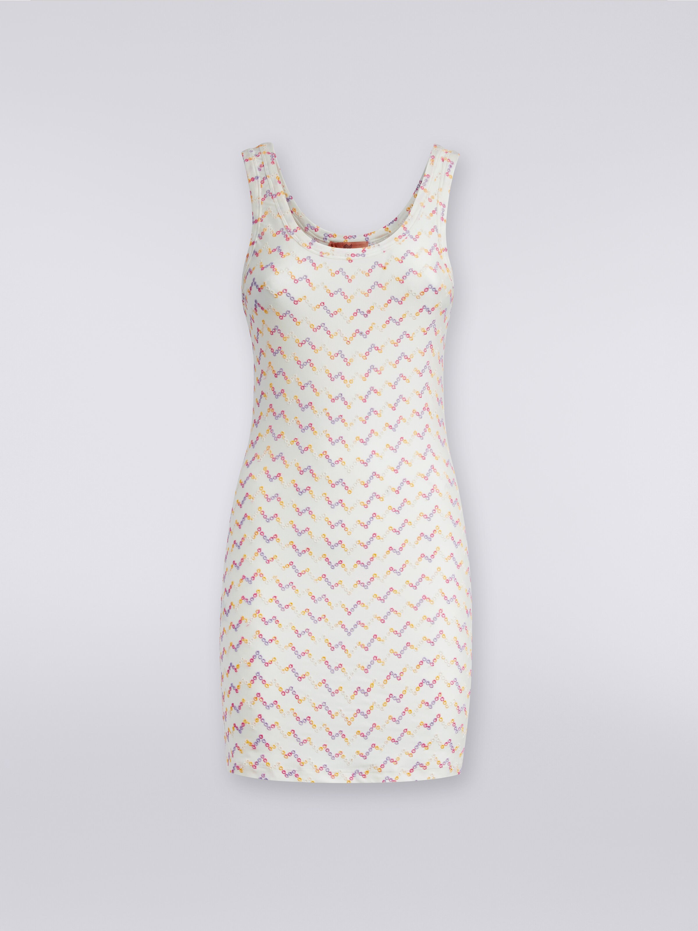 Sleeveless stretch mini dress with eyelet lace, Multicoloured  - 0