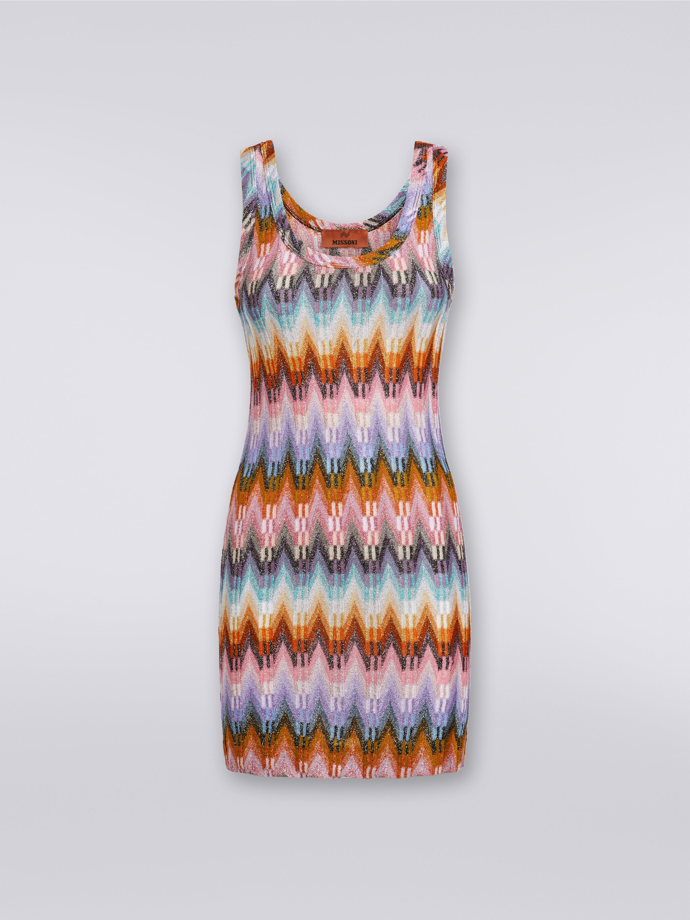 Sleeveless viscose zigzag mini dress with lurex, Multicoloured  - 0