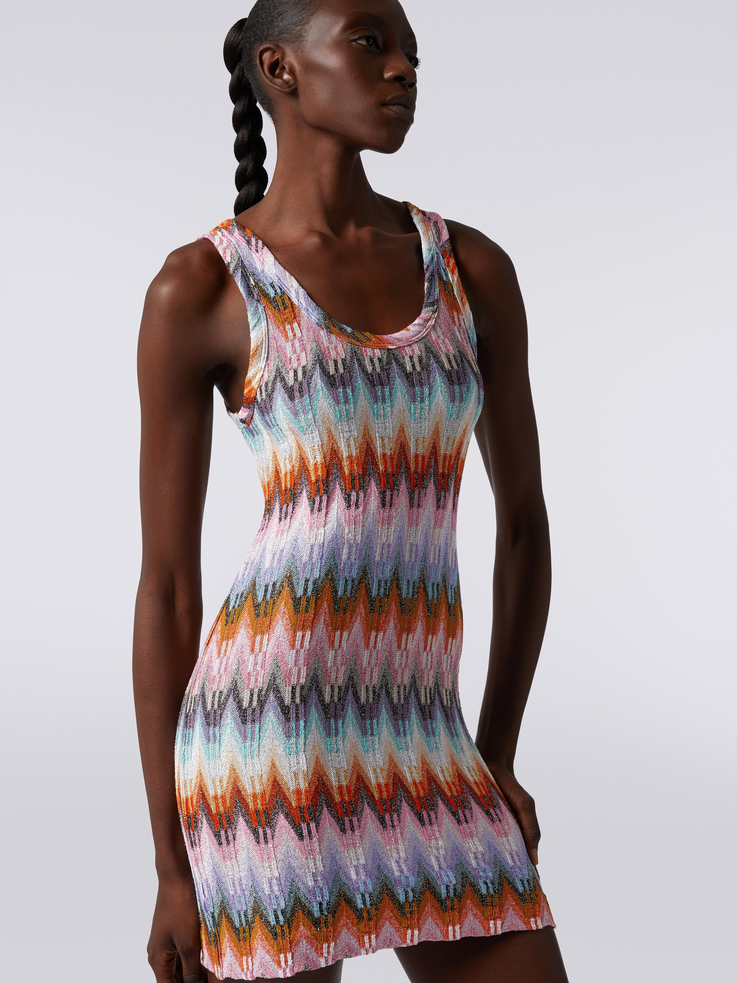 Sleeveless viscose zigzag mini dress with lurex, Multicoloured  - 4