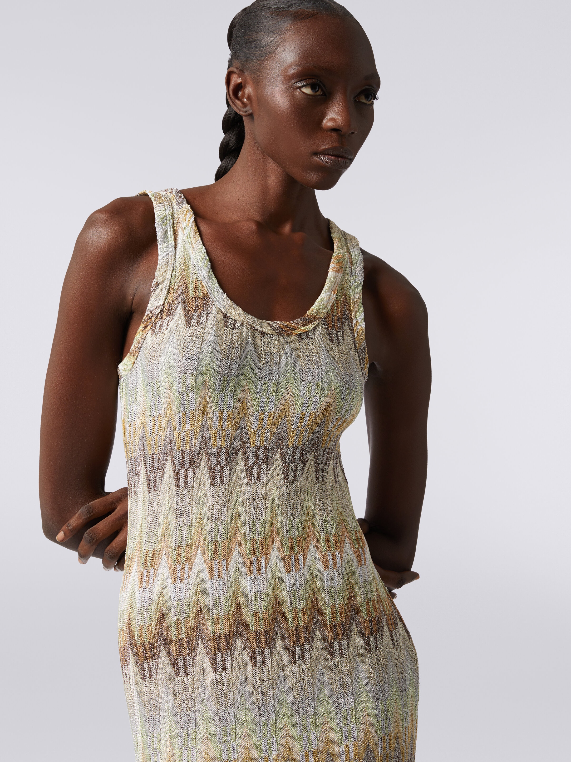 Long sleeveless dress in viscose with zigzag pattern with lurex, Multicoloured  - 4