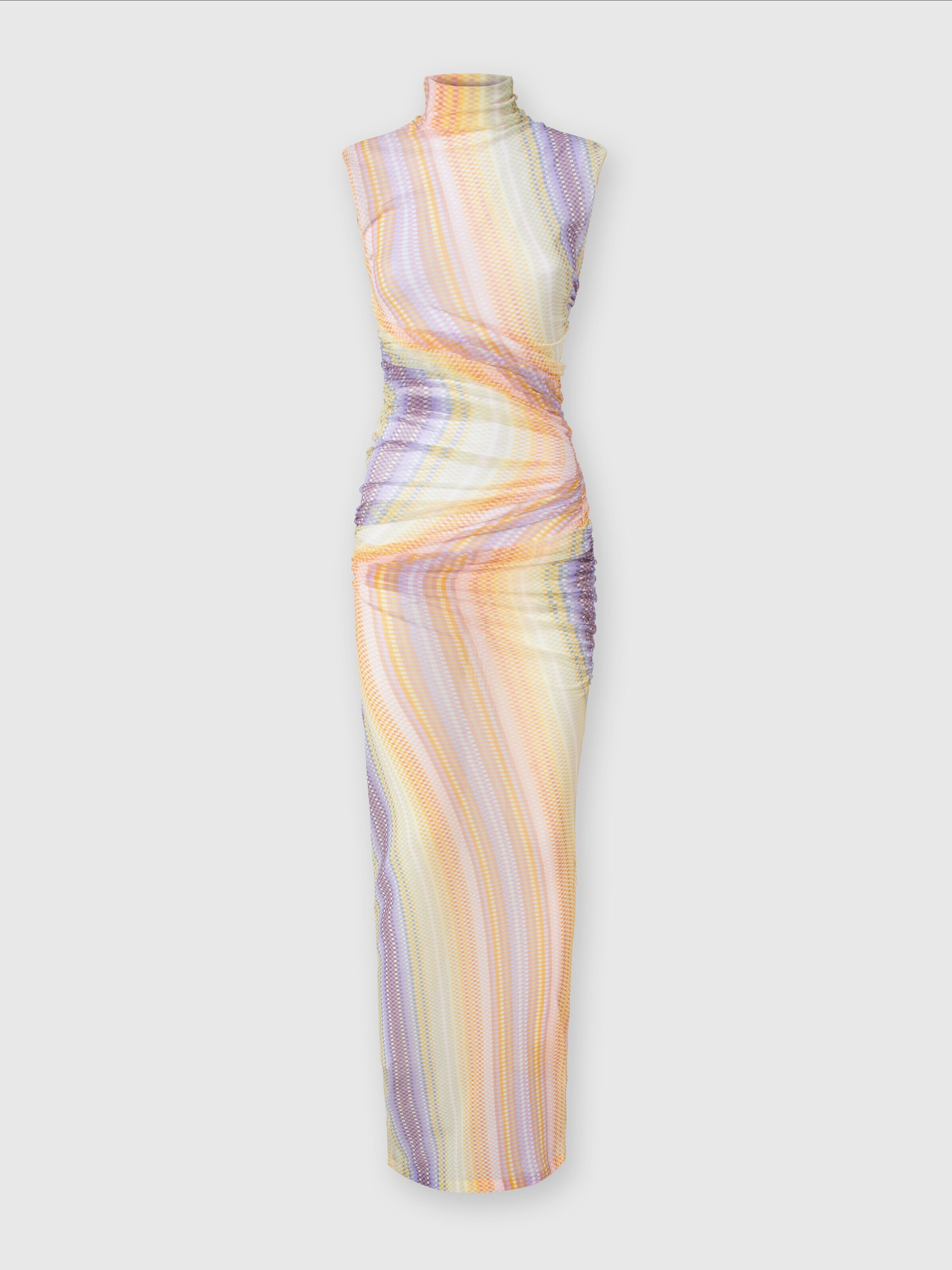 Long high-neck dress in tulle with side gathers, Multicoloured  - 0