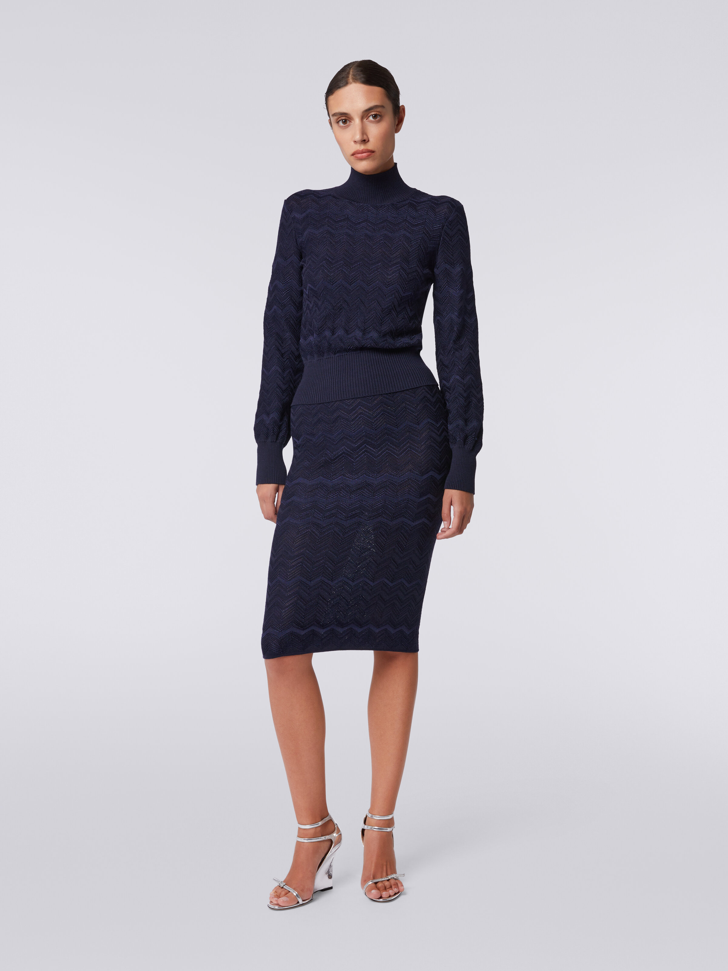 Midi skirt in chevron wool and viscose, Dark Blue - 1