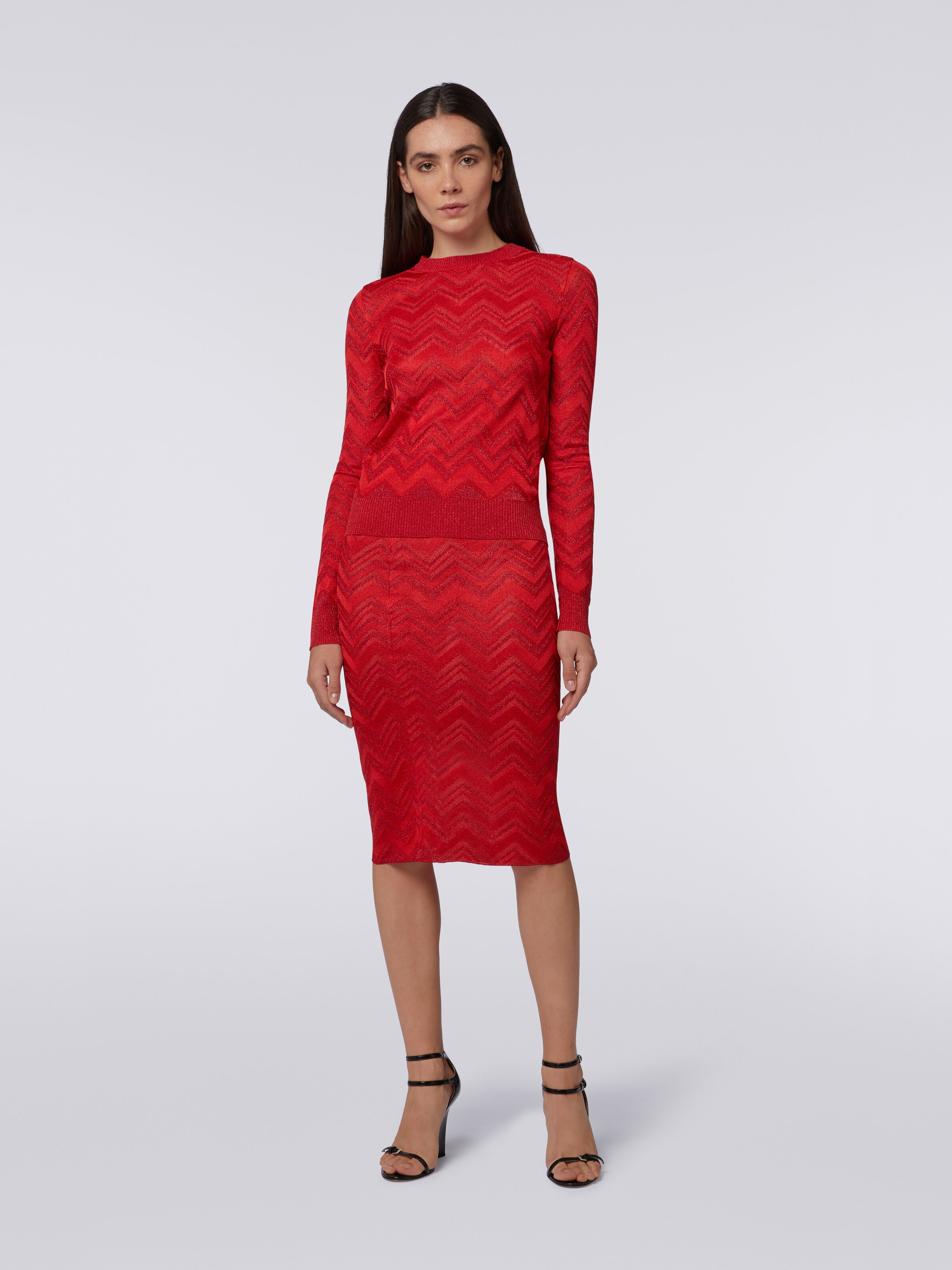Longuette skirt in zigzag knit with lurex, Red  - 1