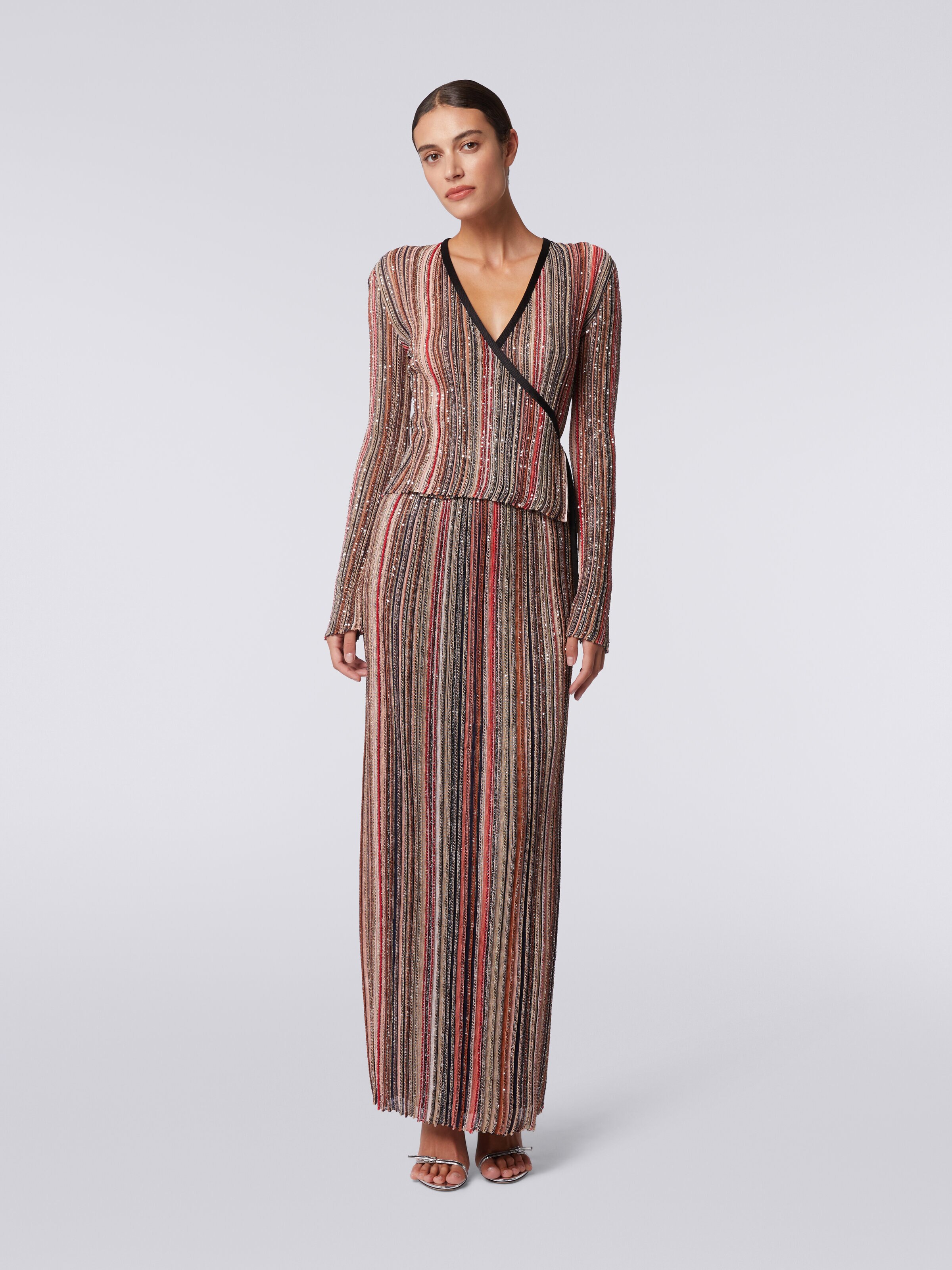 Long vertical striped pleated skirt with sequins, Multicoloured  - 1
