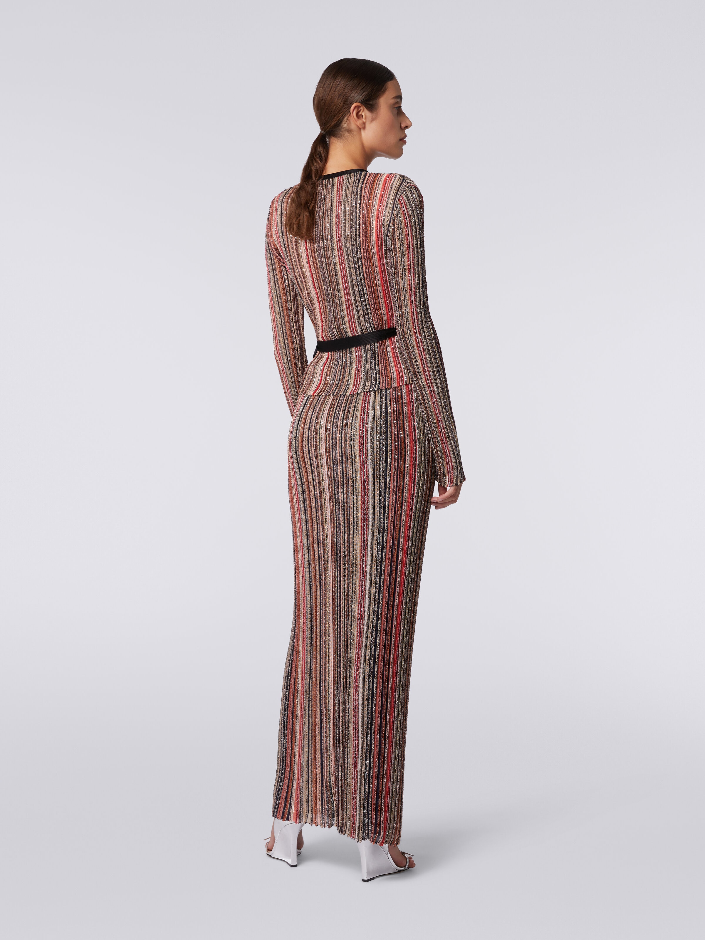 Long vertical striped pleated skirt with sequins , Multicoloured  - 3