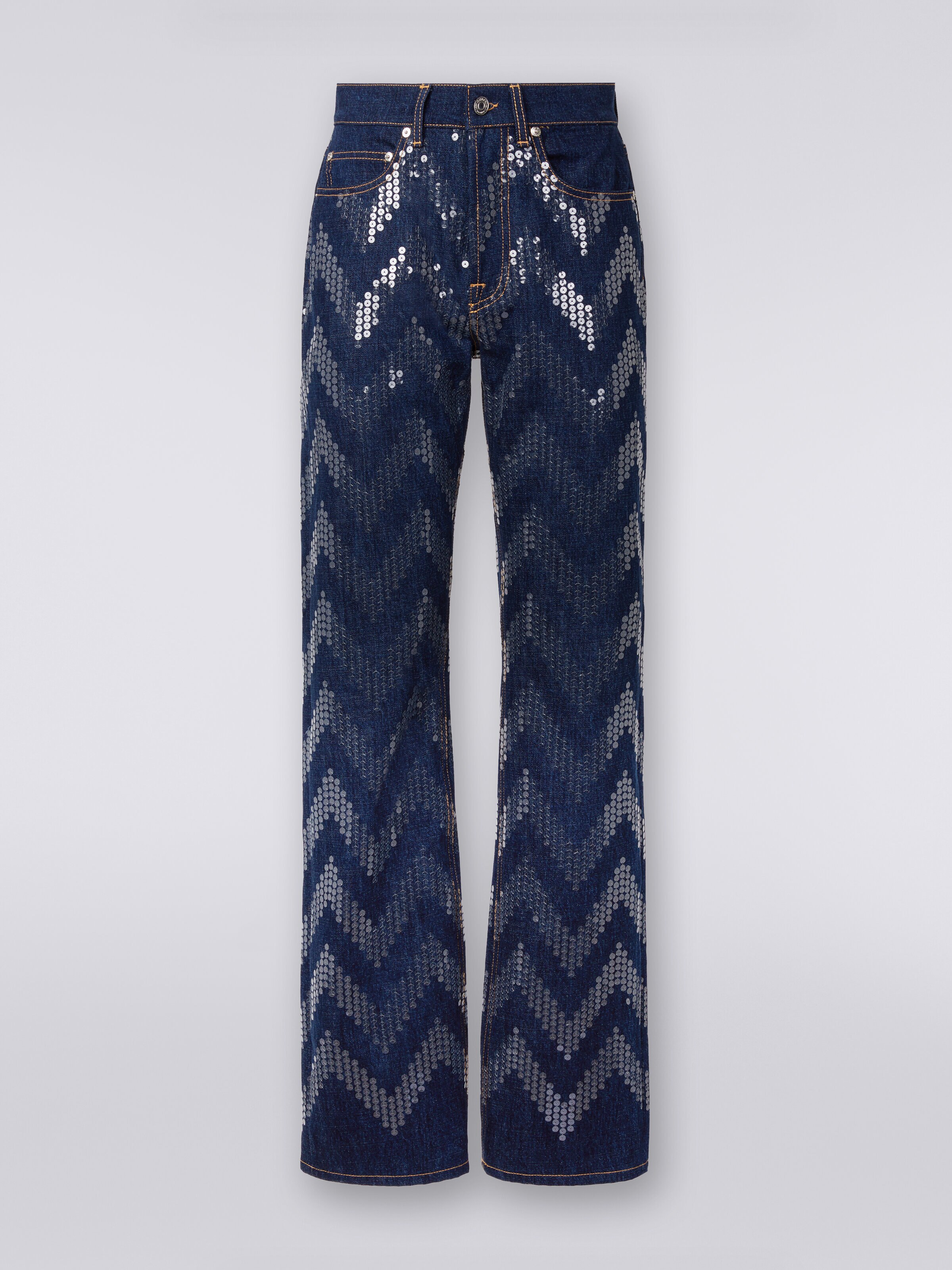 Five-pocket trousers in denim with zigzag sequins, Blue - 0