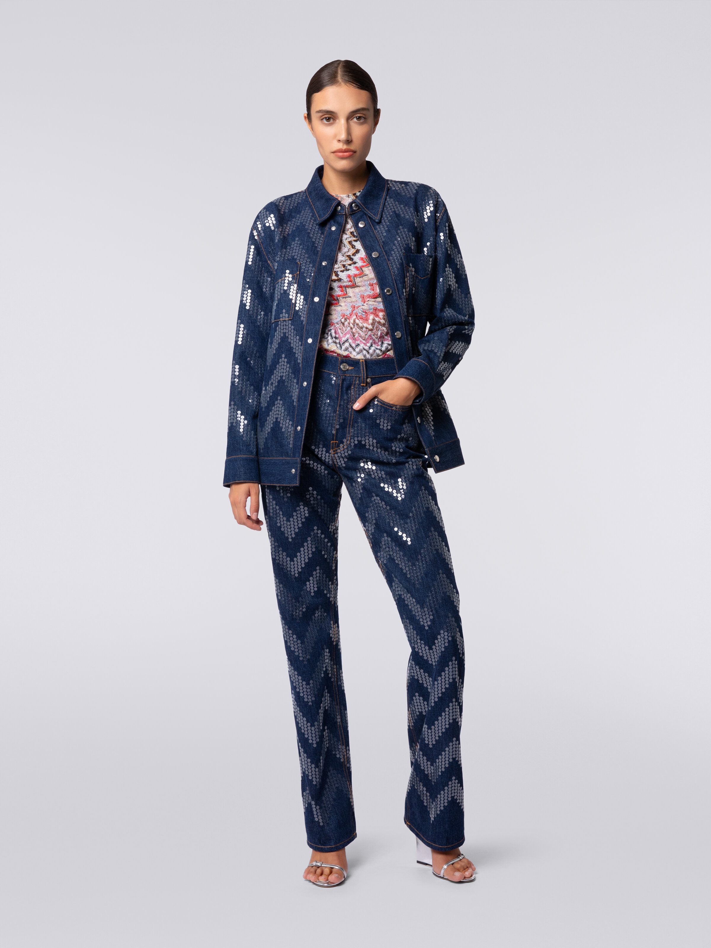 Five-pocket trousers in denim with zigzag sequins, Blue - 1