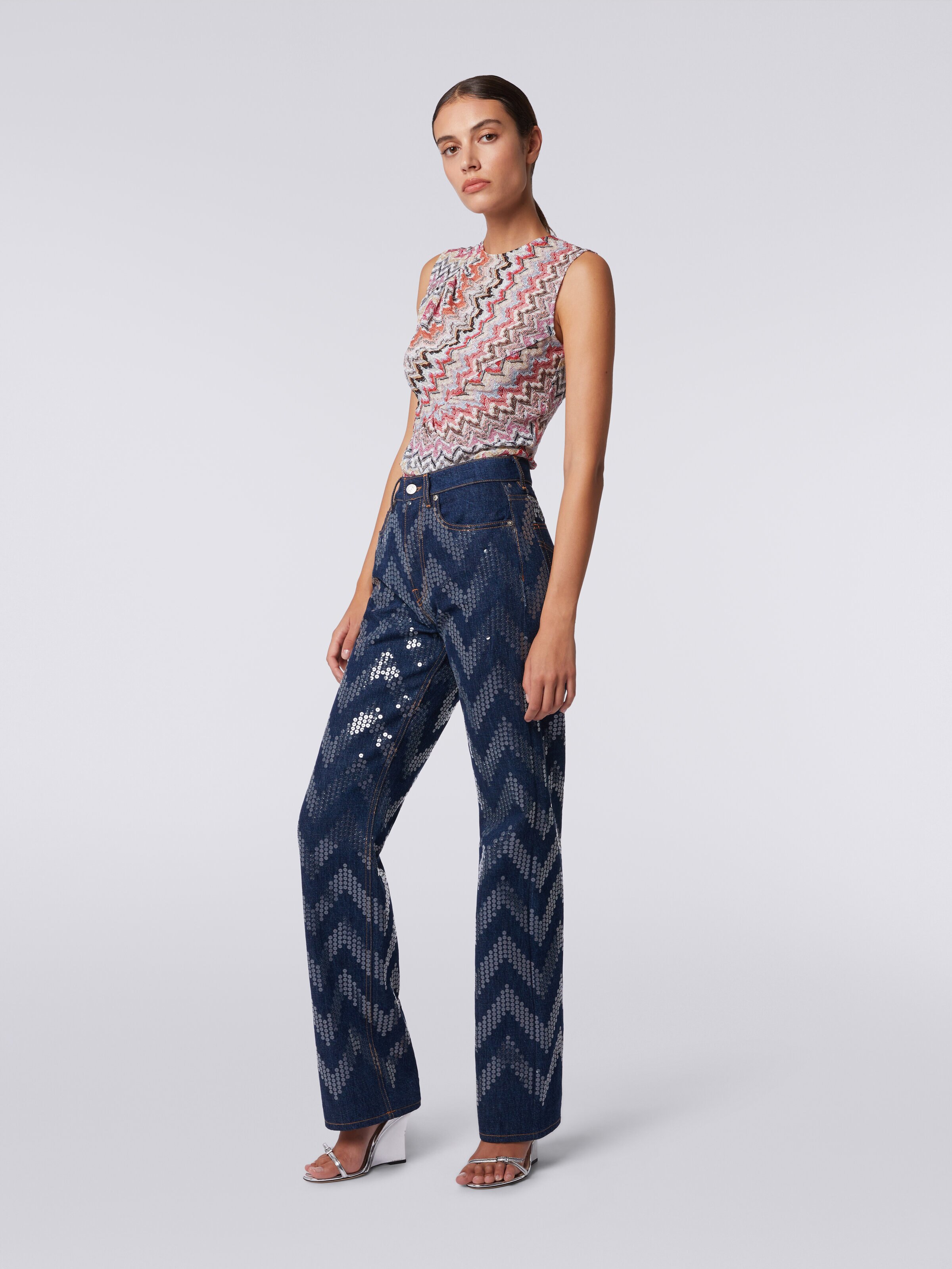 Five-pocket trousers in denim with zigzag sequins, Blue - 2