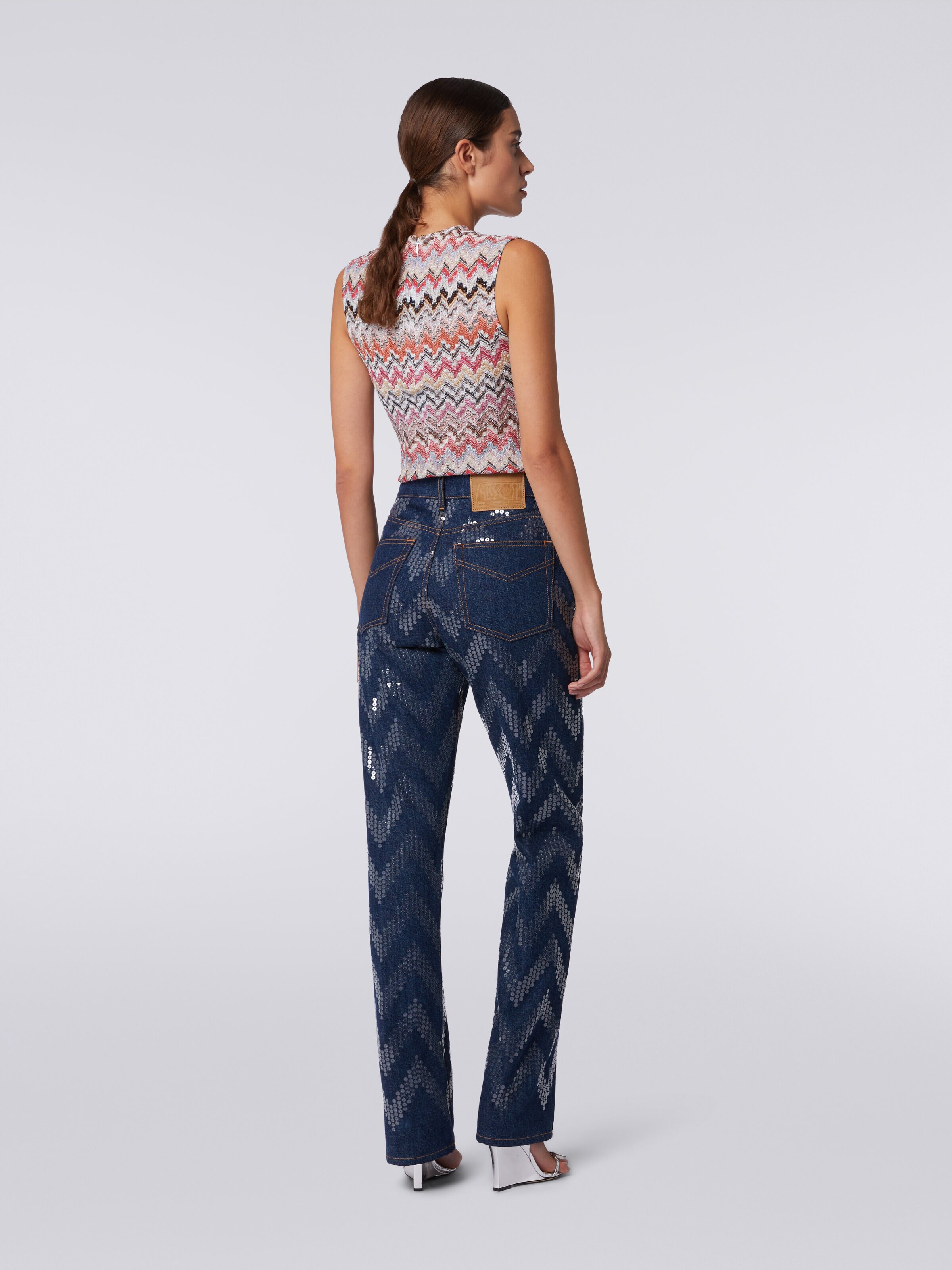 Five-pocket trousers in denim with zigzag sequins, Blue - 3
