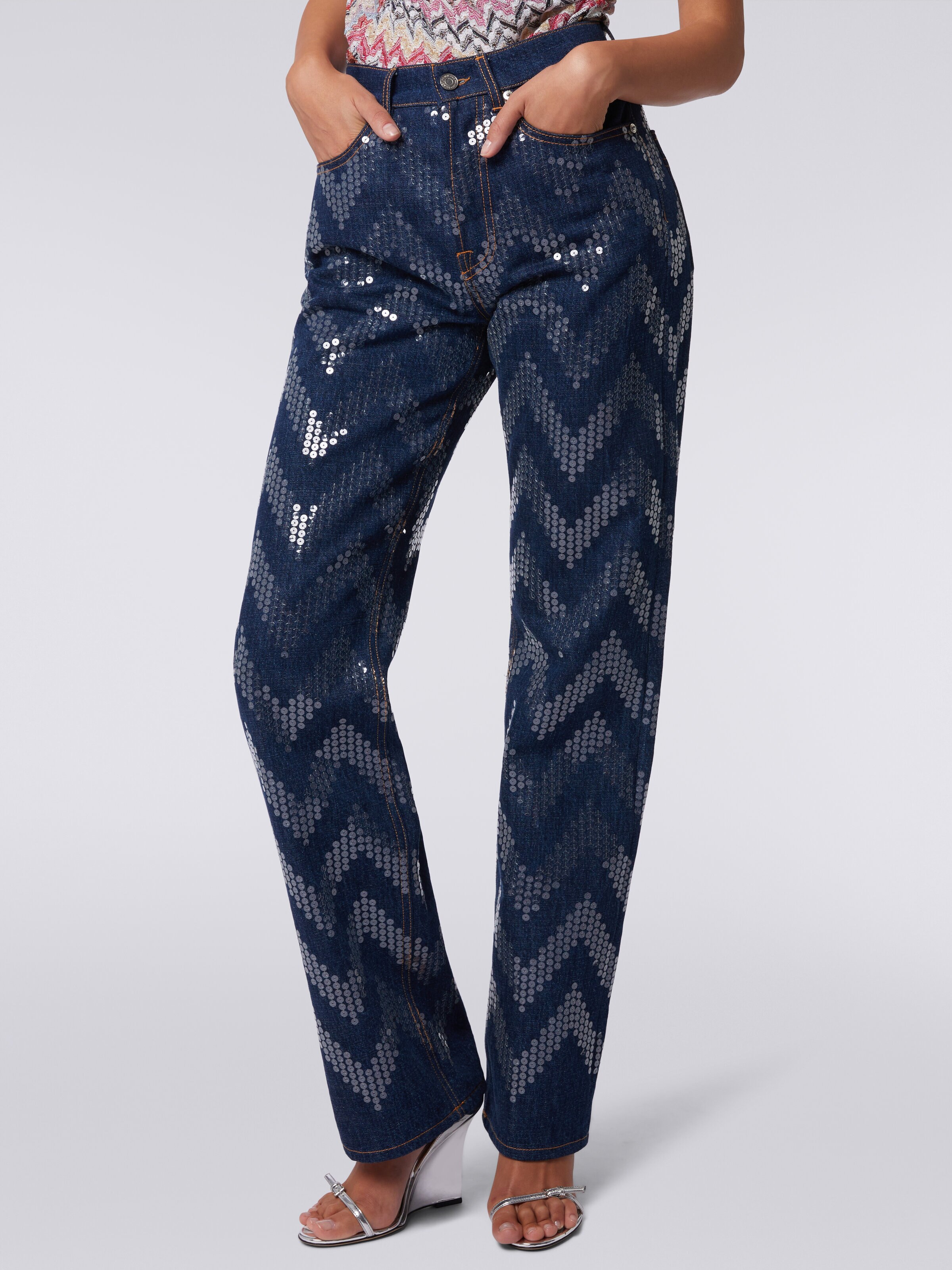 Five-pocket trousers in denim with zigzag sequins, Blue - 4