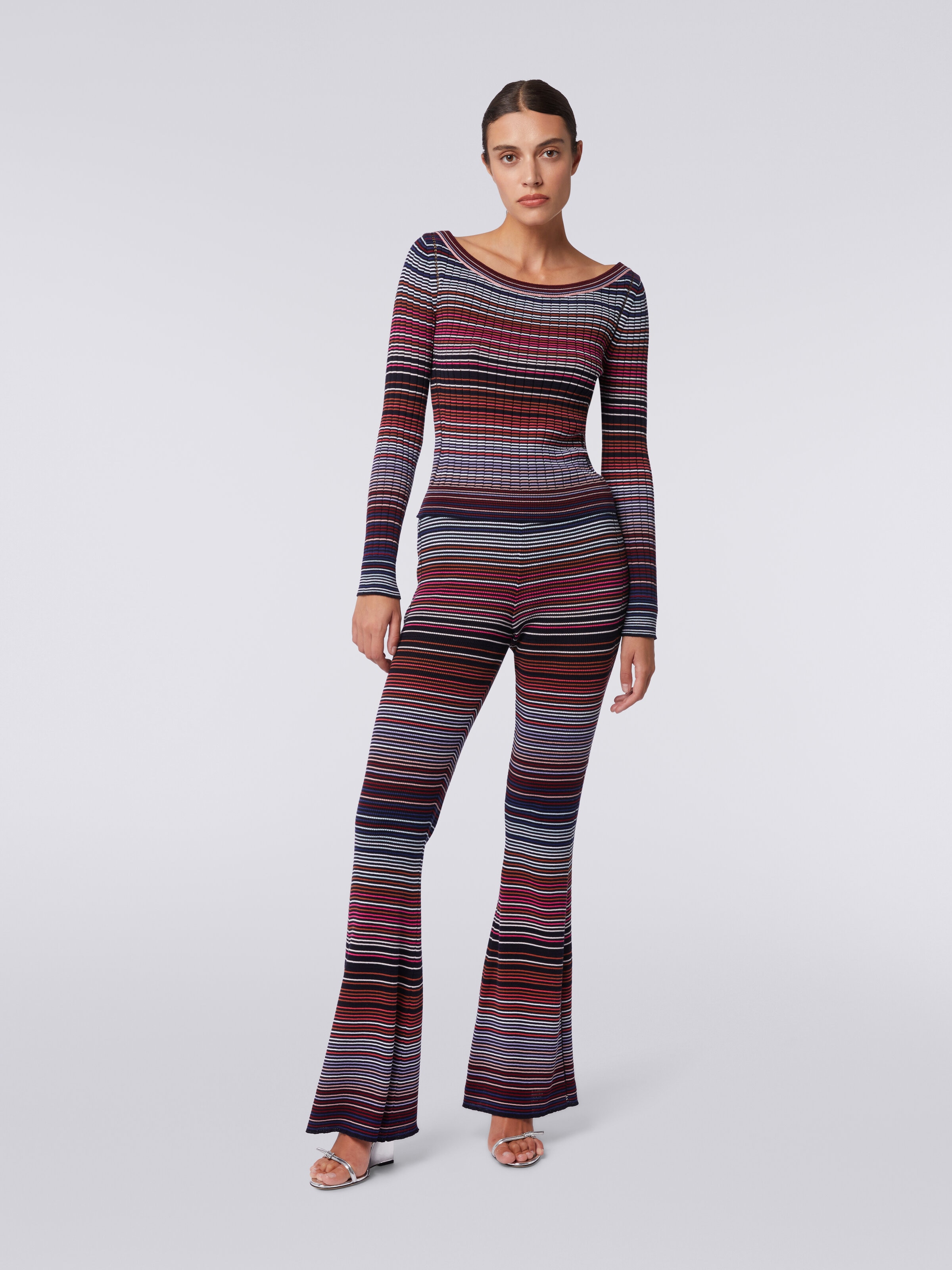 Flared trousers in striped viscose and cotton knit , Multicoloured  - 1