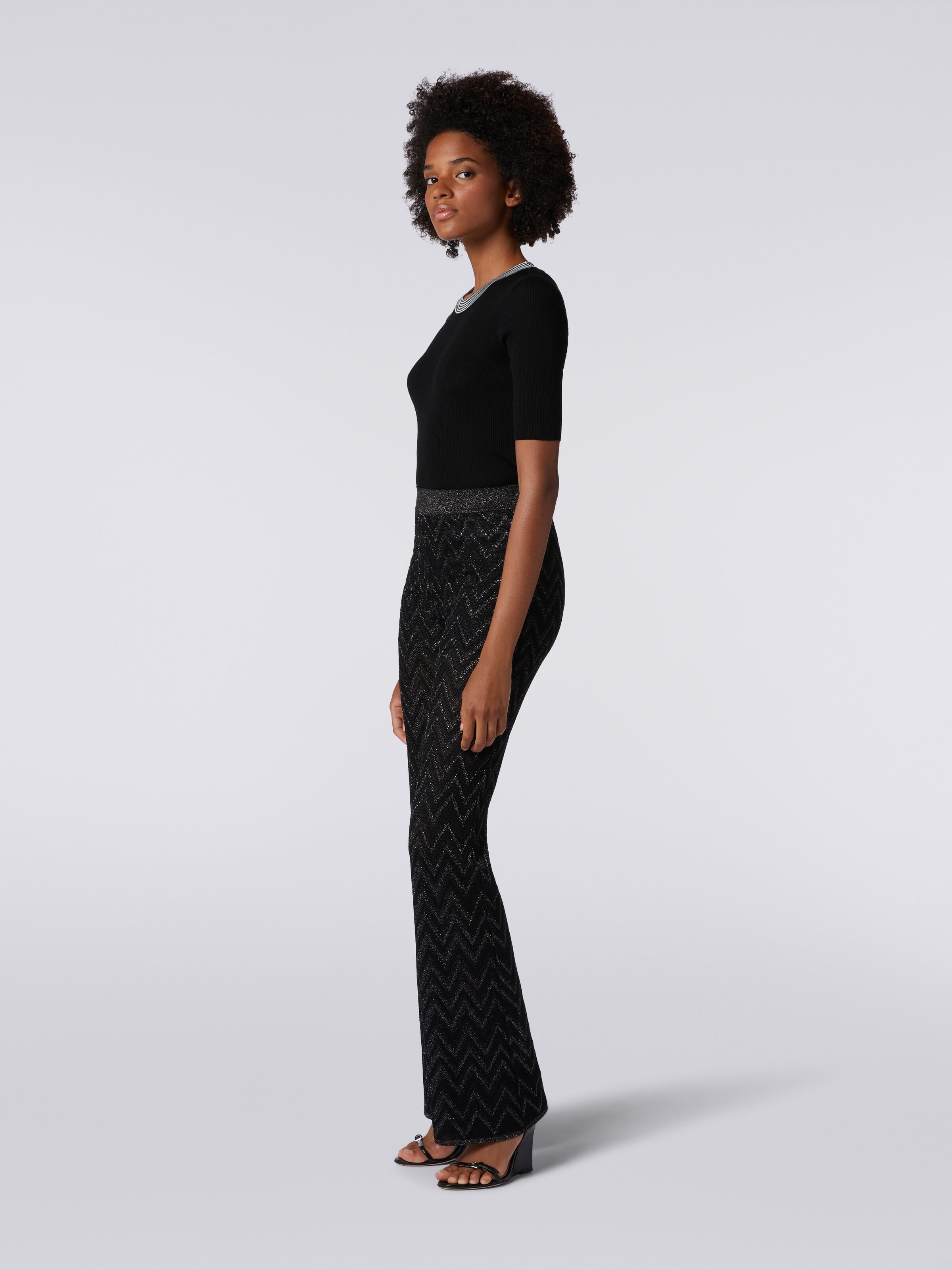 Trousers in zigzag viscose knit with lurex, Black    - 2