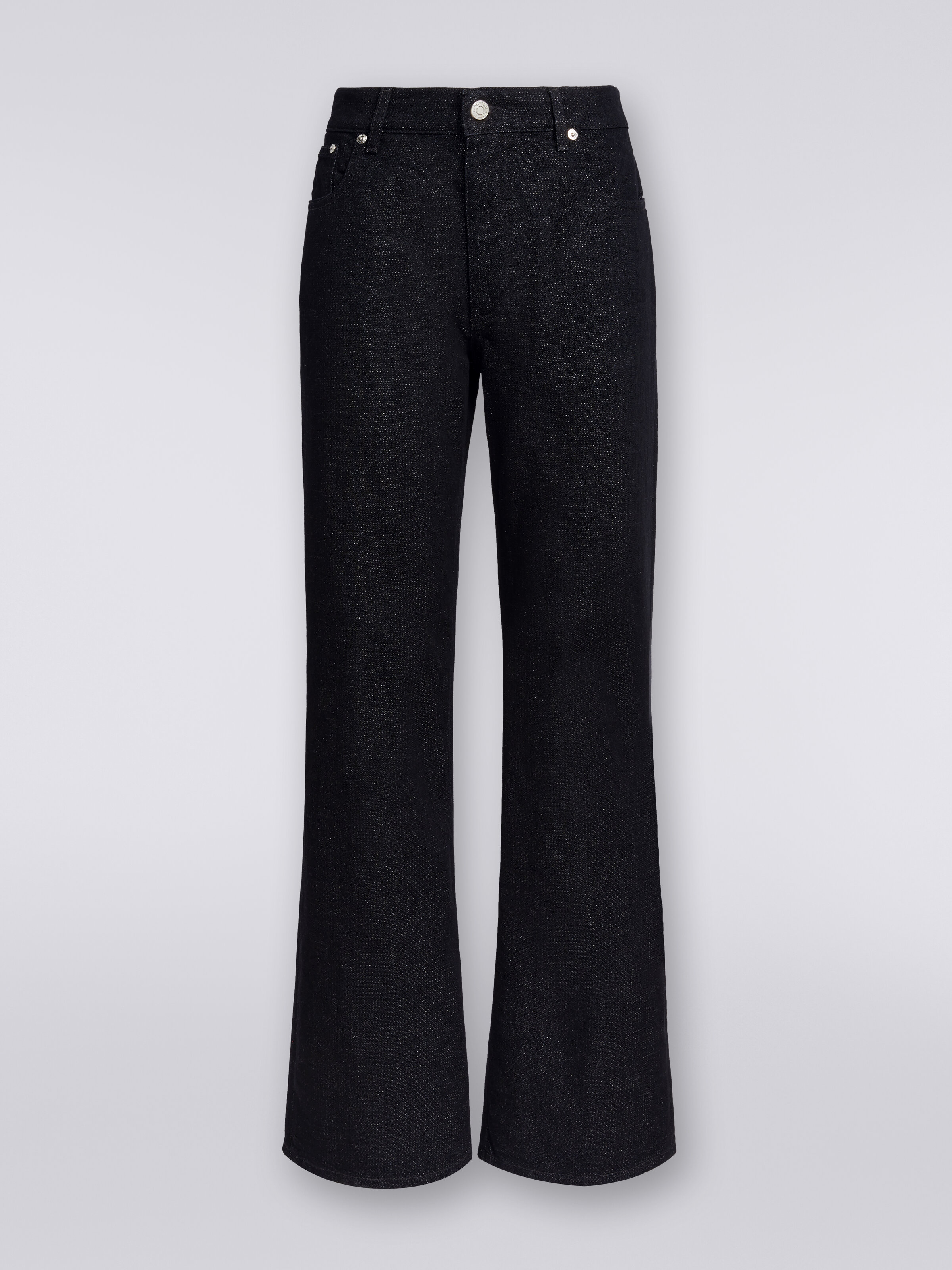 Five-pocket trousers in lamé denim, Black    - 0
