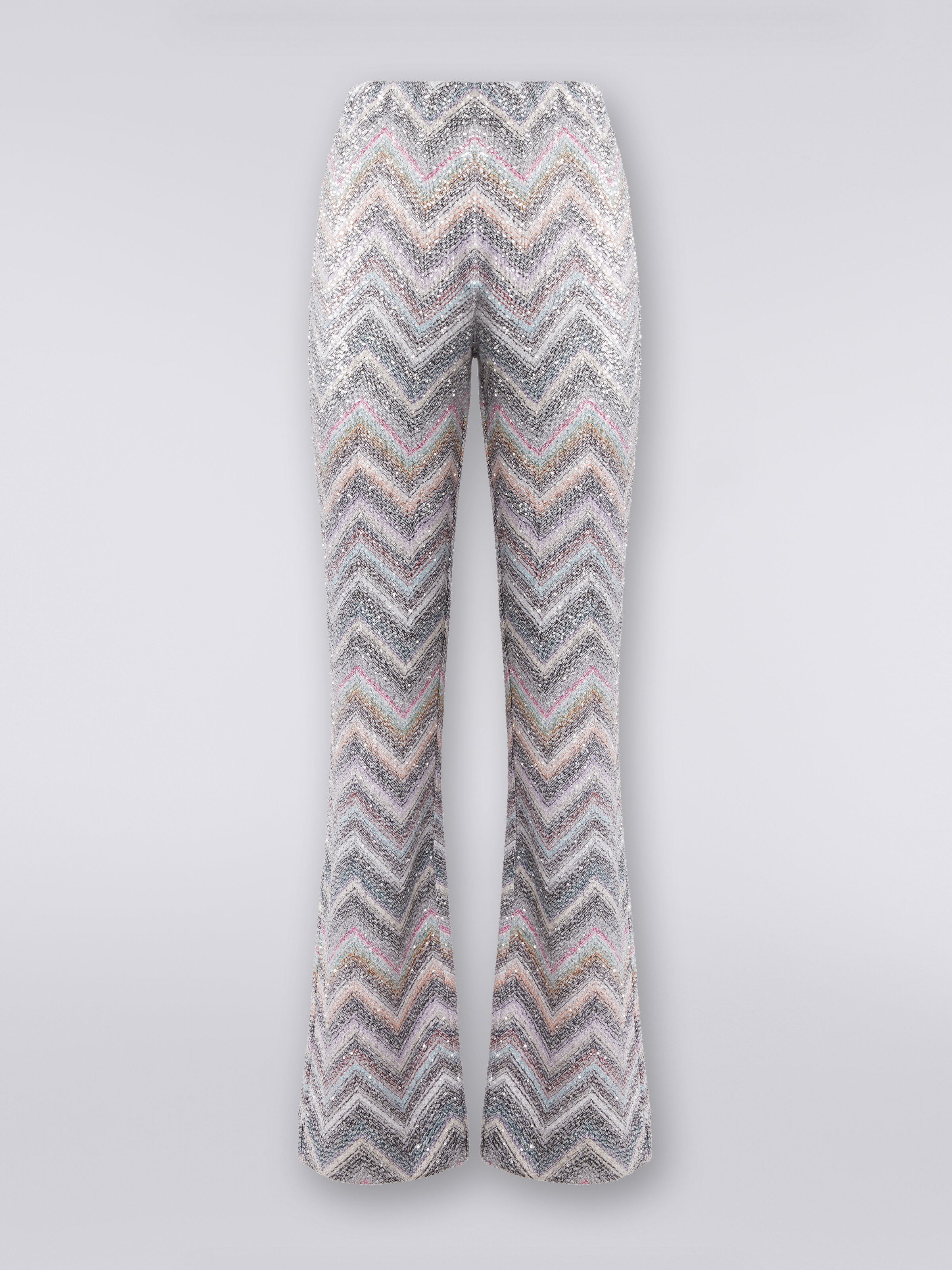 Flared trousers in zigzag knit with sequins , Multicoloured  - 0