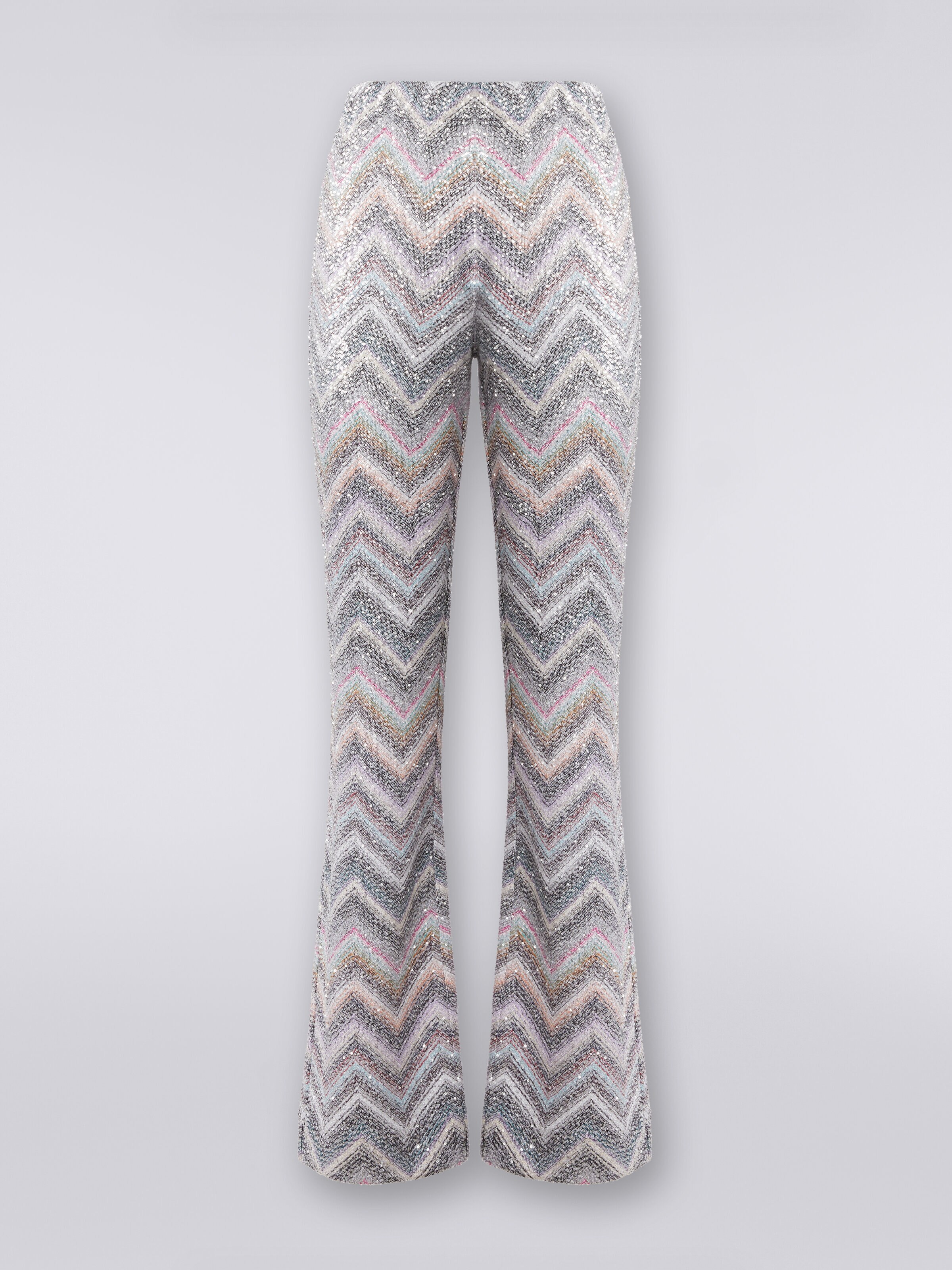 Flared trousers in zigzag knit with sequins, Multicoloured  - 0