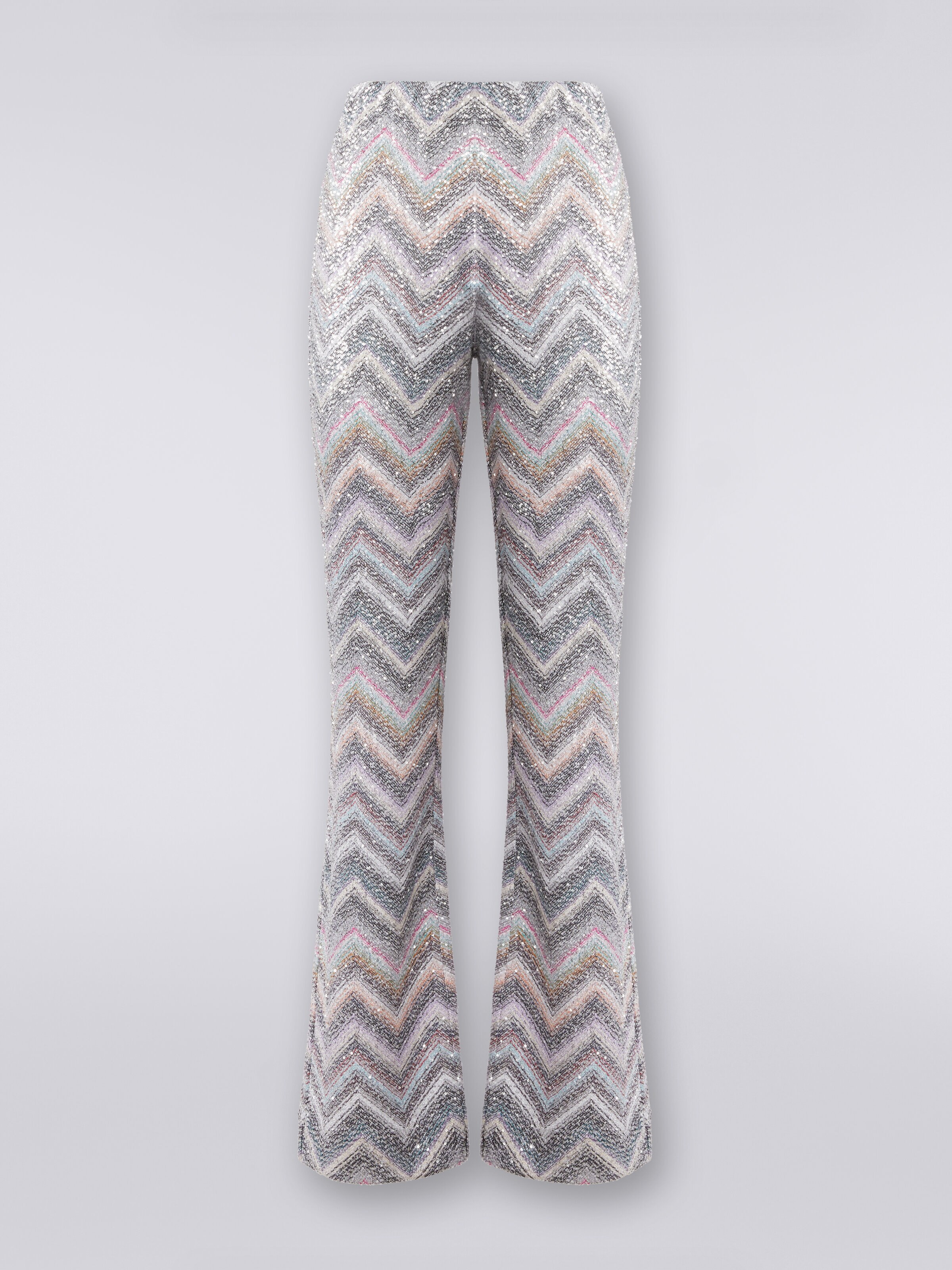 Flared trousers in zigzag knit with sequins , Multicoloured  - 0