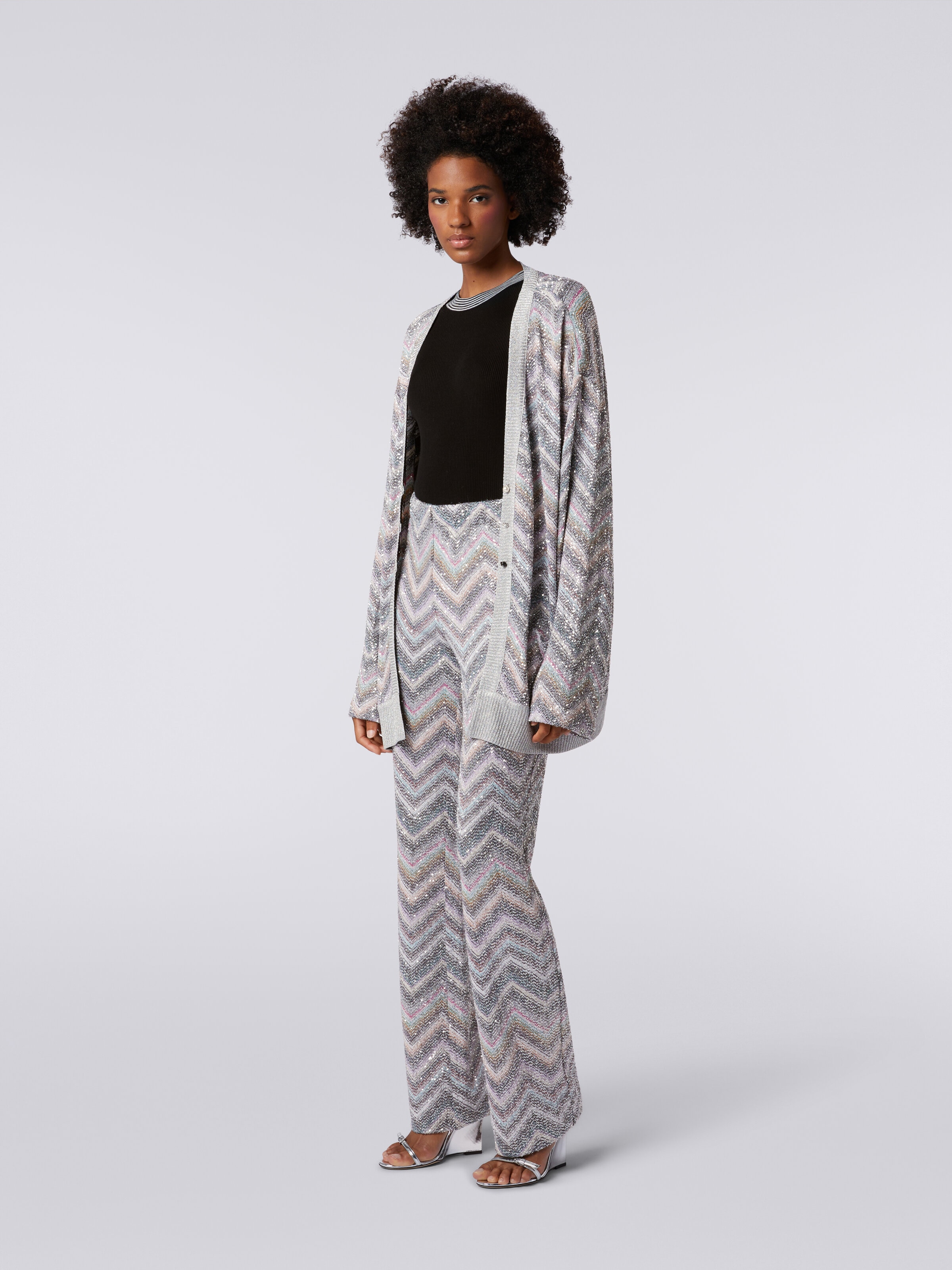 Flared trousers in zigzag knit with sequins, Multicoloured  - 2