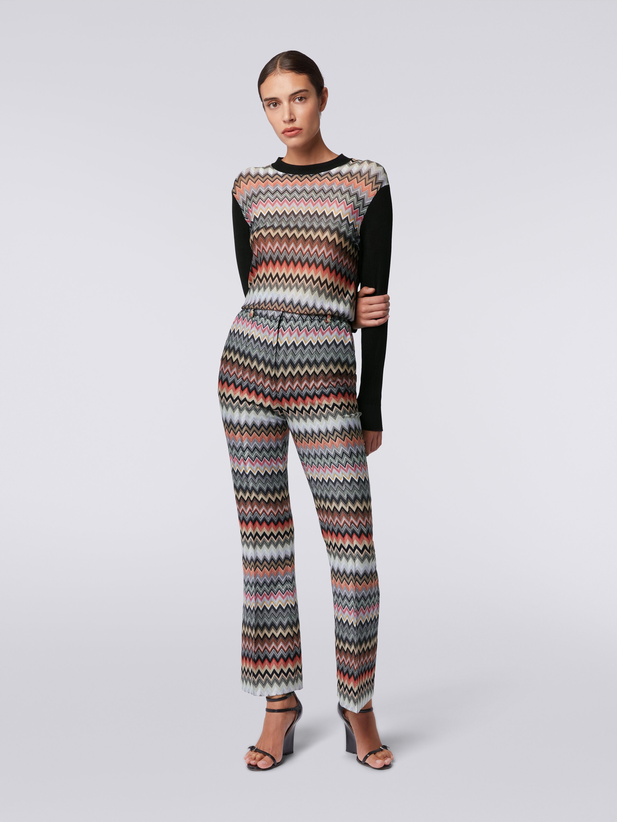 Cropped trousers in zigzag viscose and cotton, Multicoloured  - 1