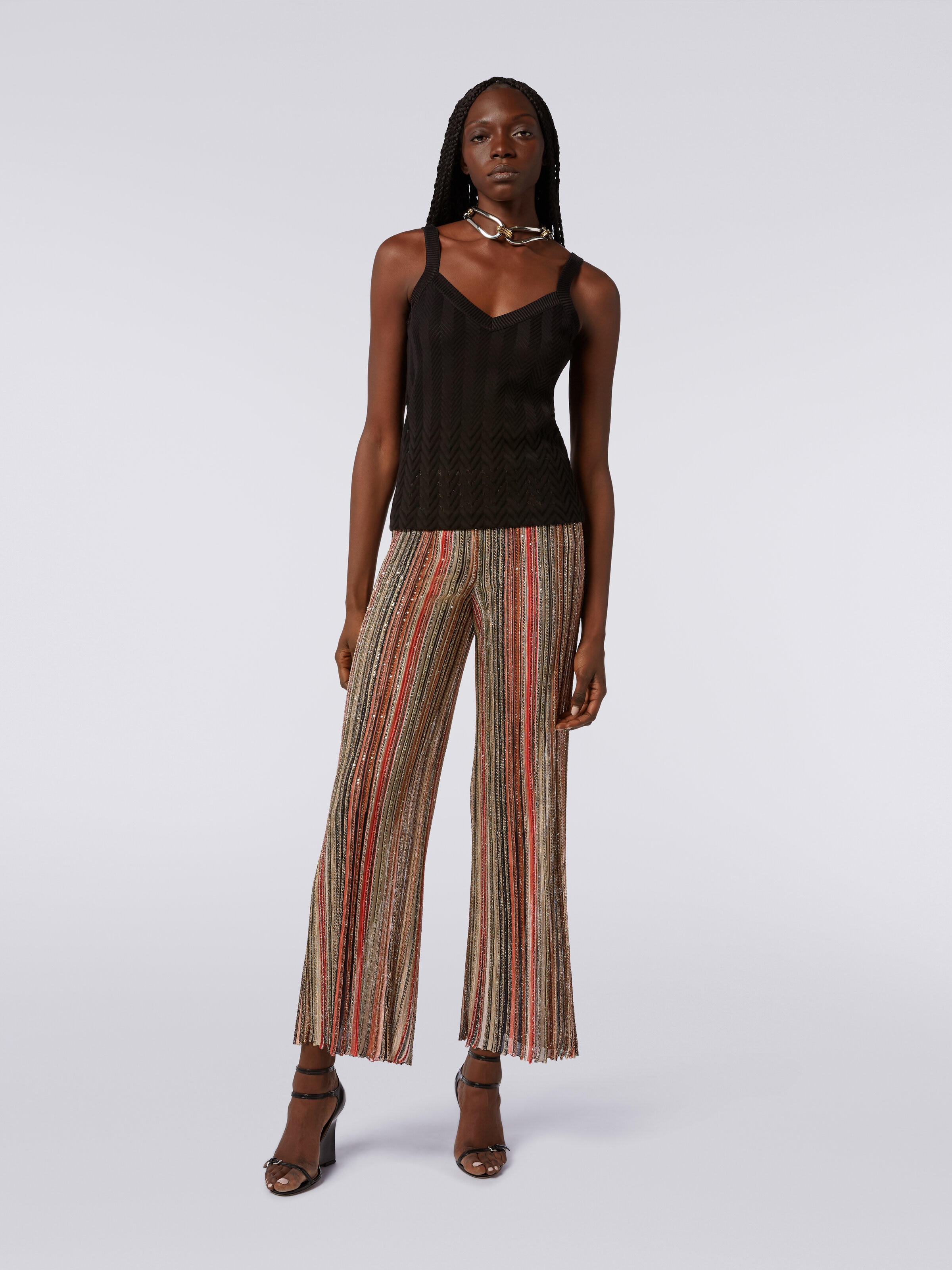 Trousers in vertical striped knit with sequins, Multicoloured  - 1