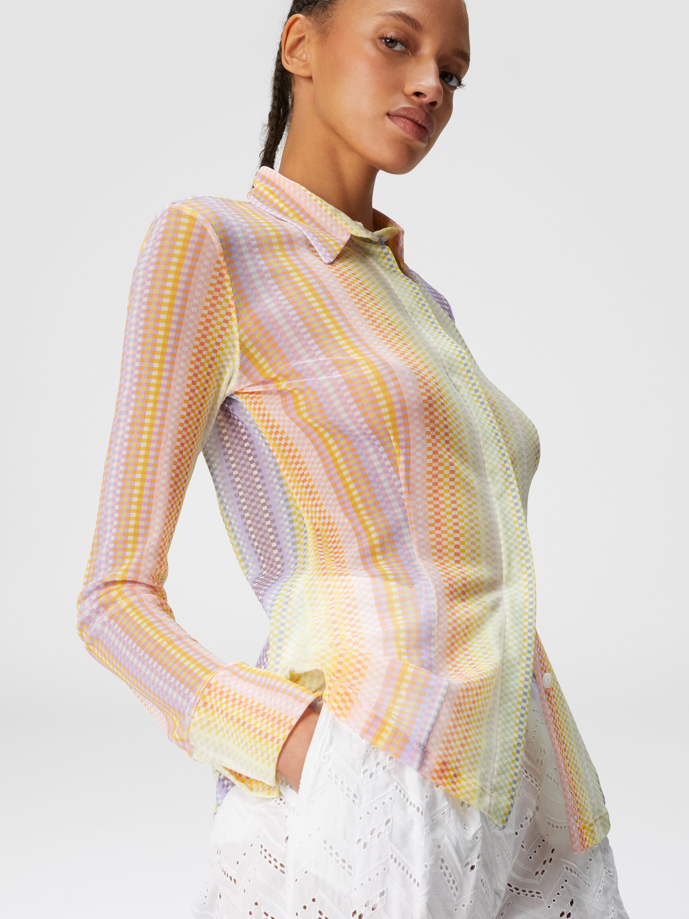 Bedruckte Bluse aus Stretch-Tüll, Mehrfarbig  - 3