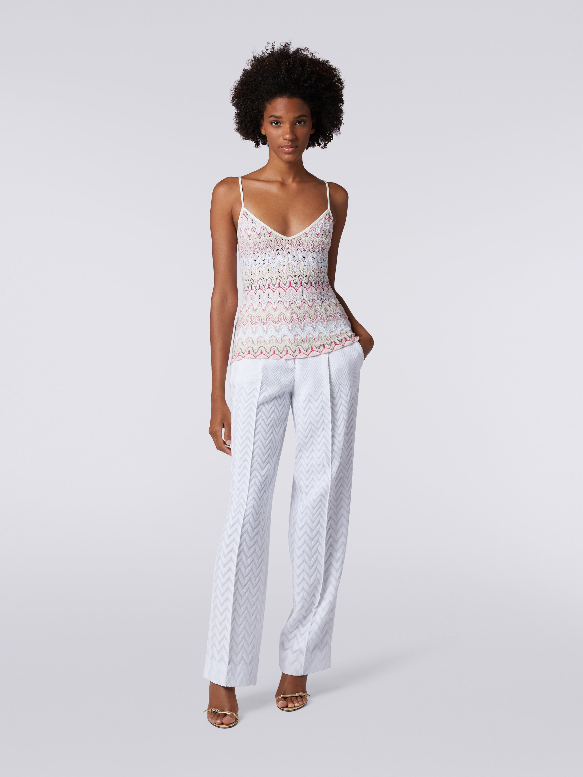 Top with V neckline and straps in viscose blend with lace-effect waves, Multicoloured  - 1
