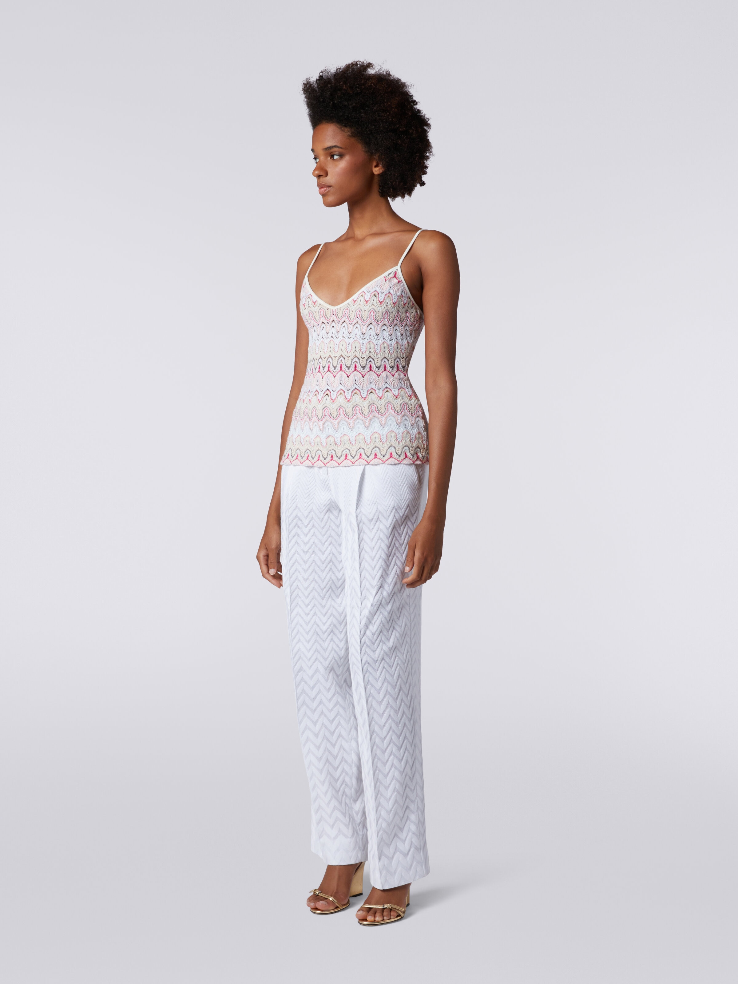 Top with V neckline and straps in viscose blend with lace-effect waves, Multicoloured  - 2