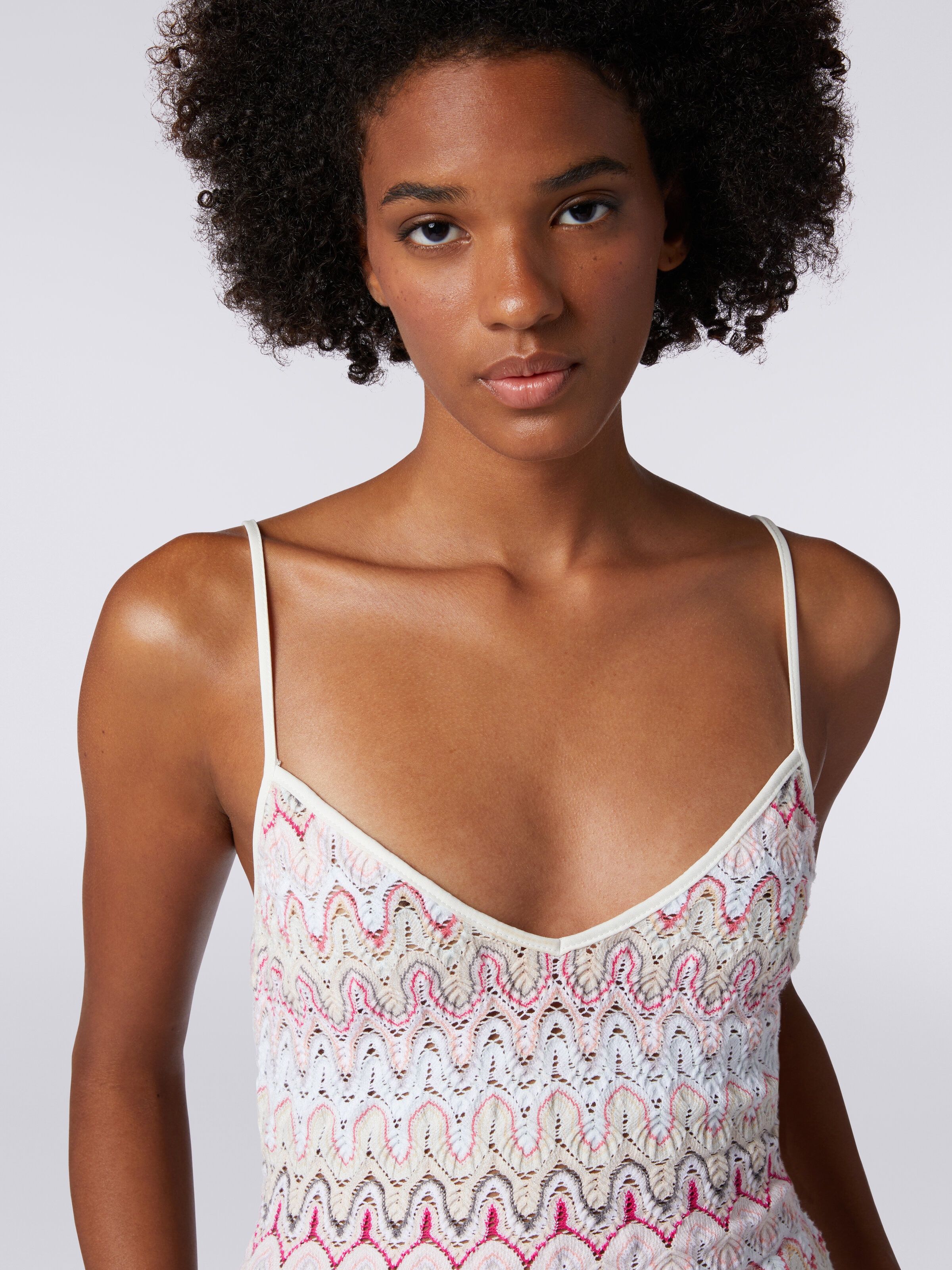 Top with V neckline and straps in viscose blend with lace-effect waves, Multicoloured  - 4