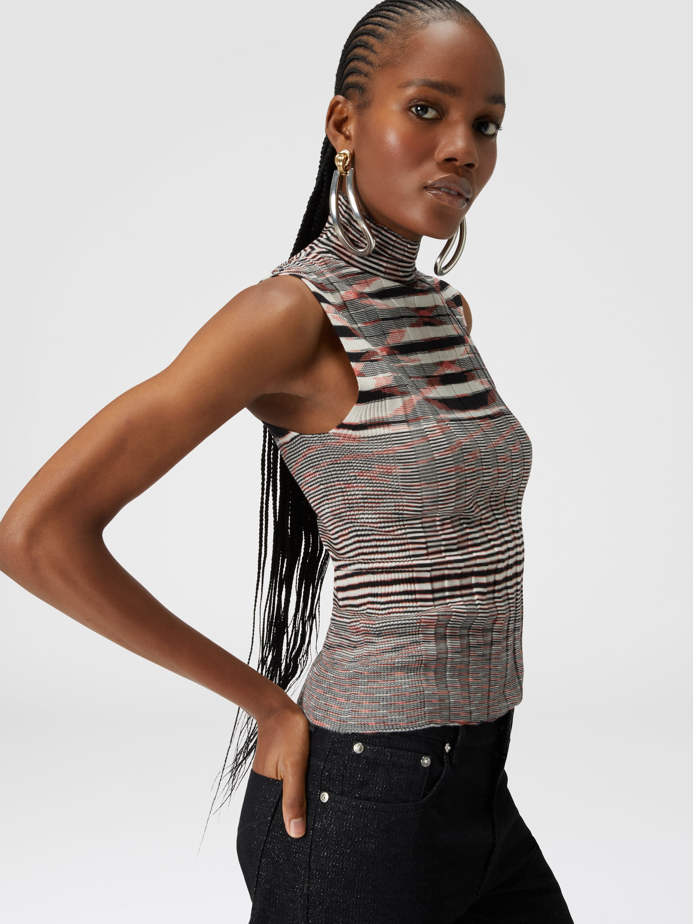High-neck tank top in ribbed silk and cashmere , Multicoloured  - 3