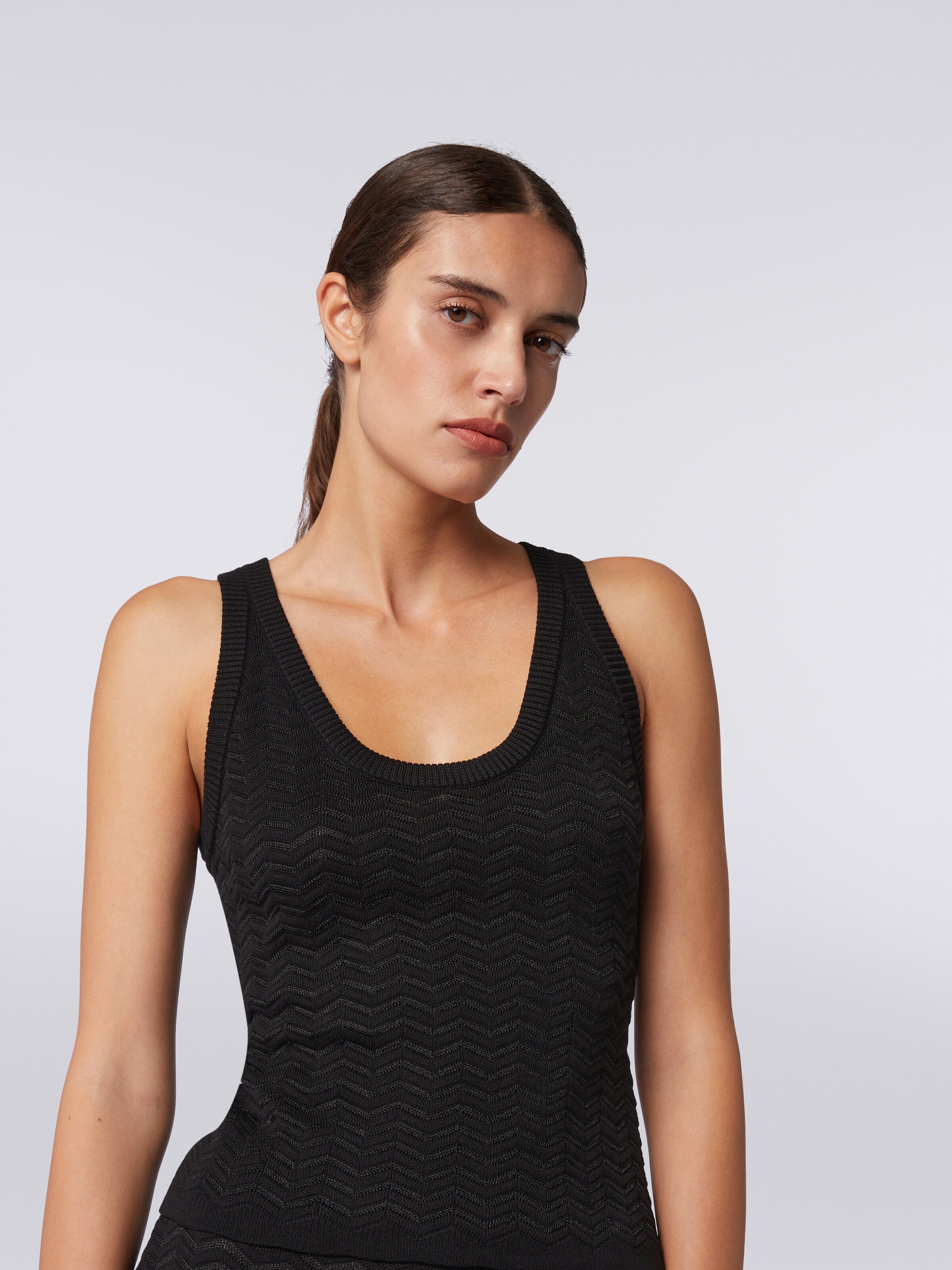 Tank top in chevron cotton and viscose knit, Black    - 4