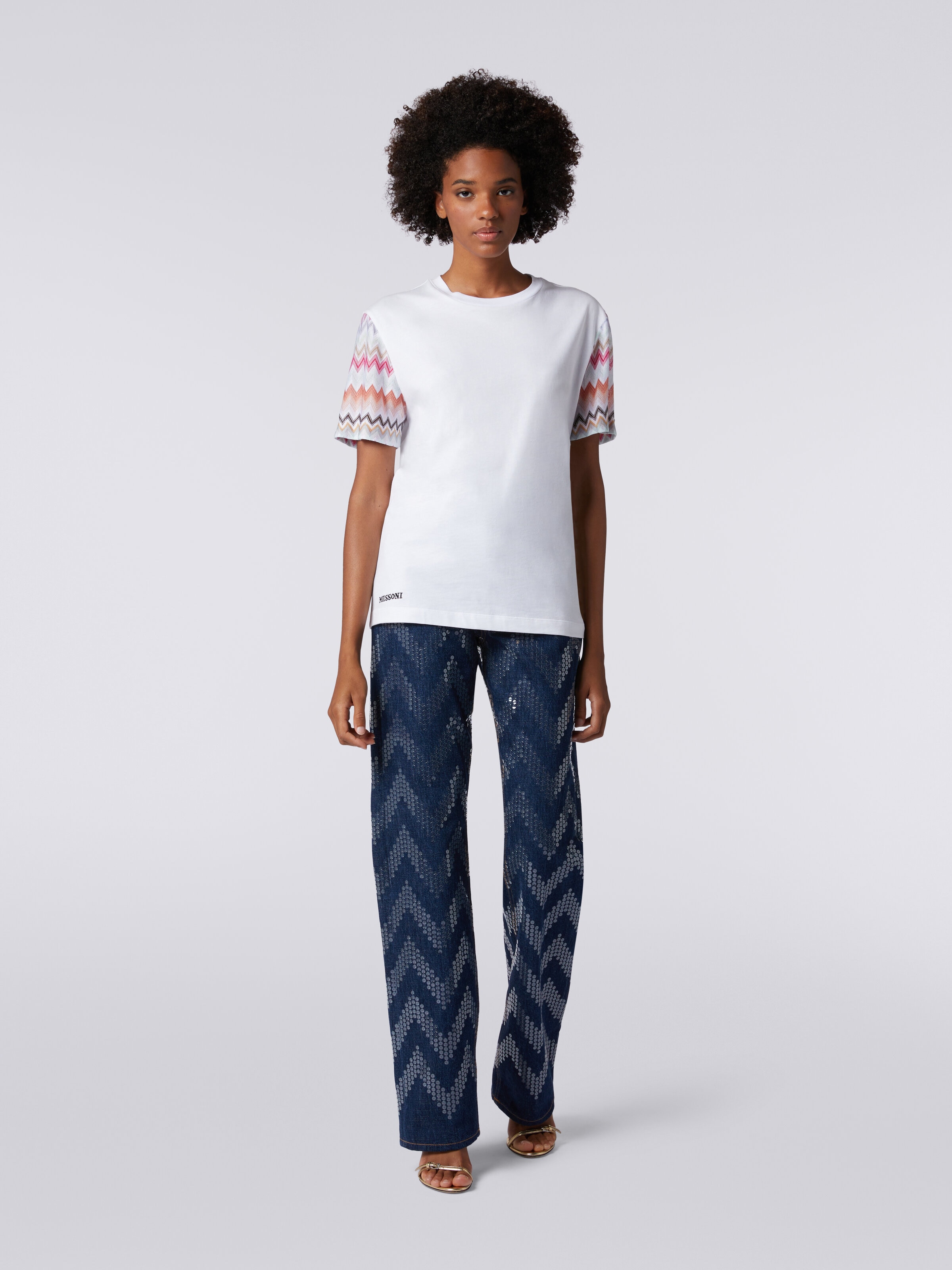 Camiseta de cuello redondo de algodón con inserciones zigzag, Multicolor  - 1