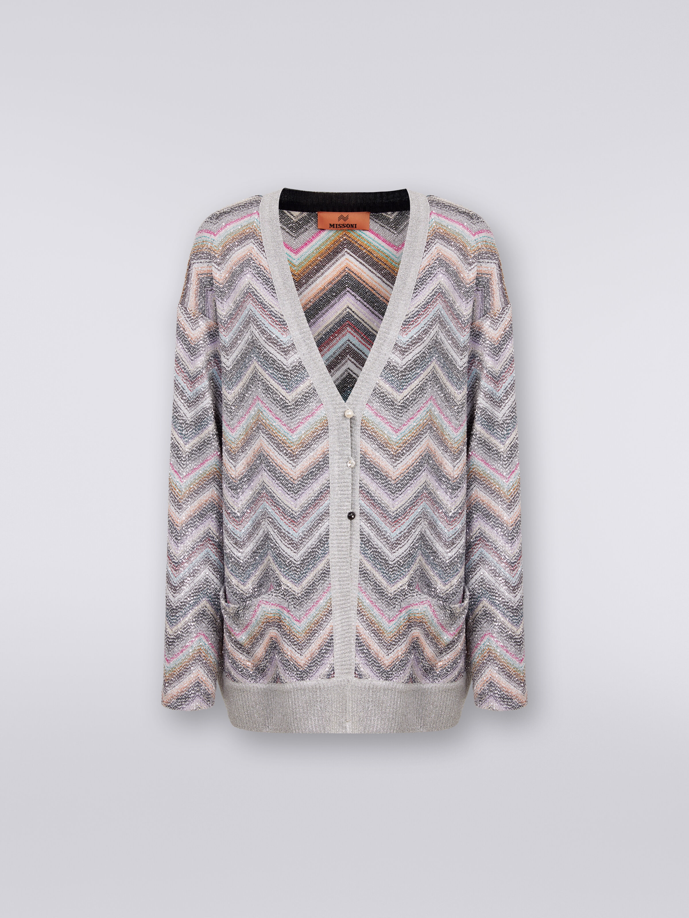 Oversized cardigan in zigzag viscose blend with sequins, Multicoloured  - 0