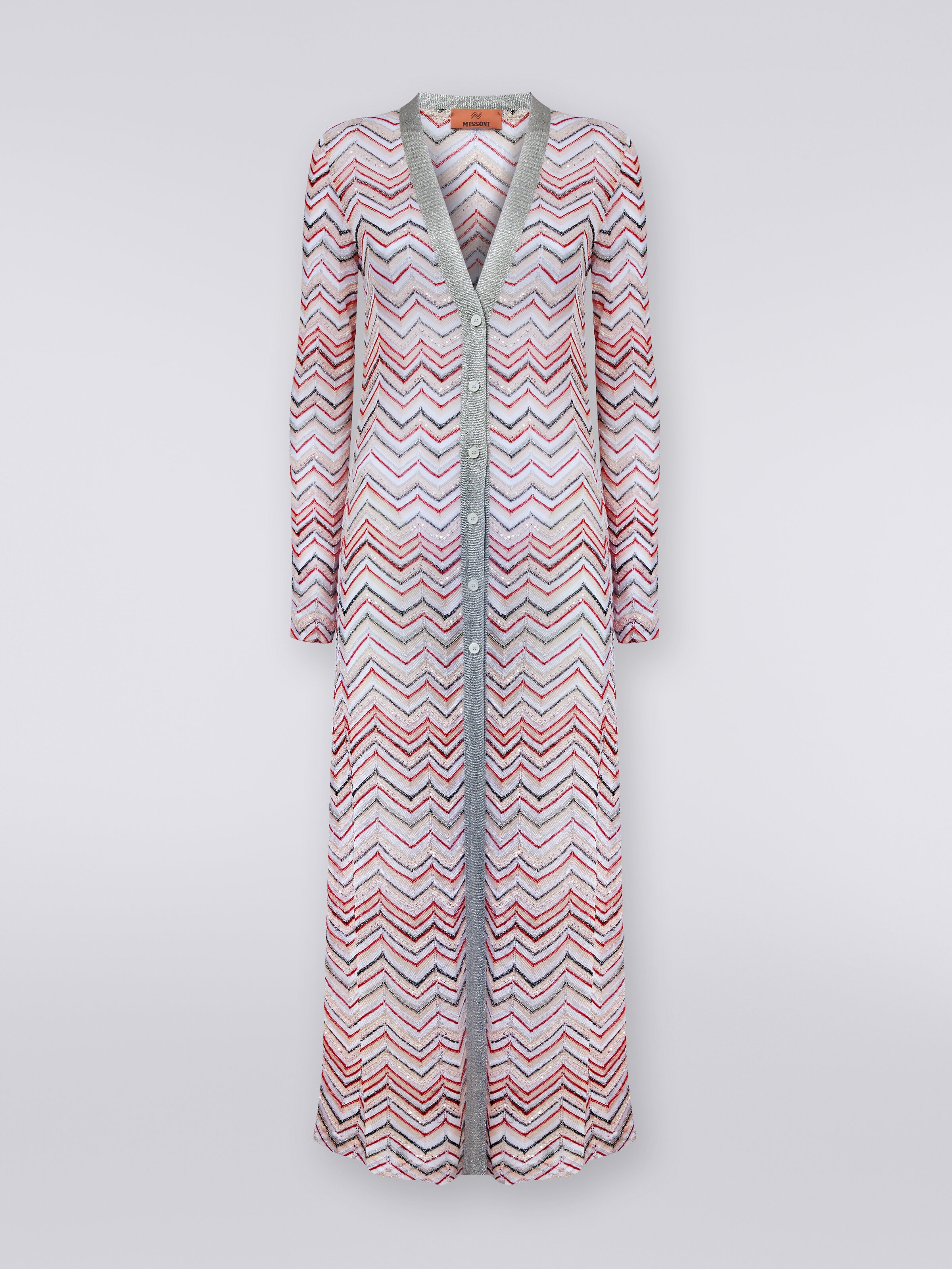 Long cardigan in zigzag knit with lurex and sequins, Multicoloured  - 0