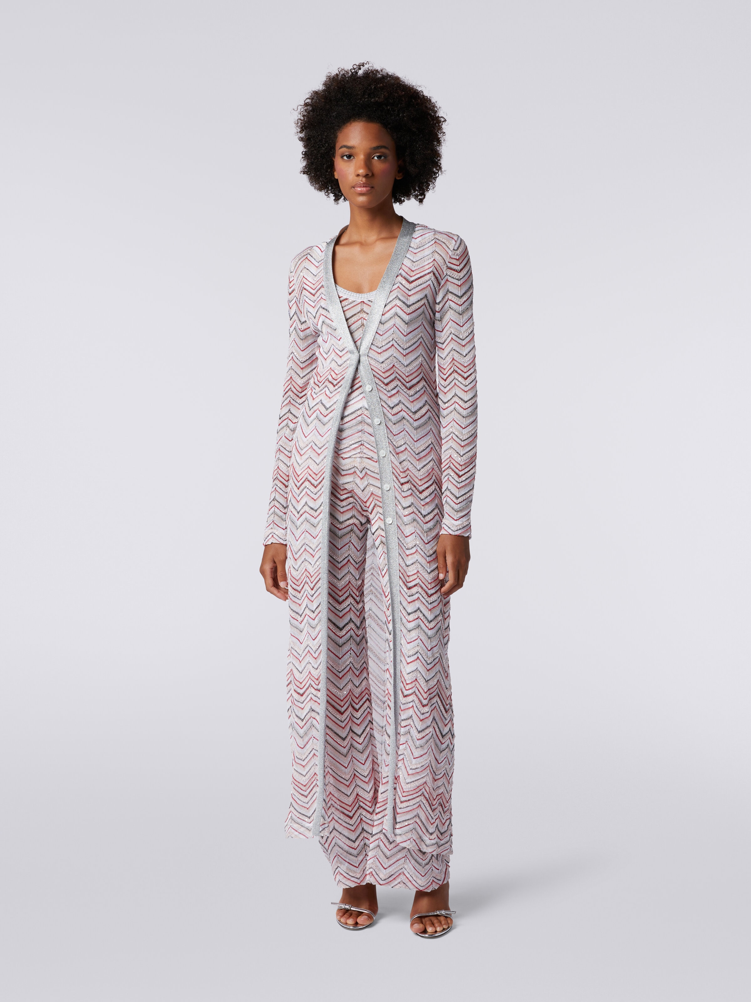 Long cardigan in zigzag knit with lurex and sequins