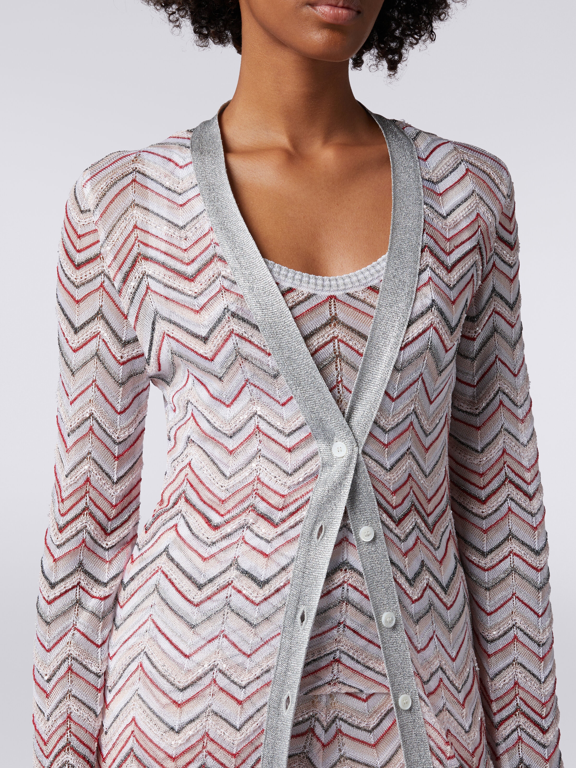 MISSONI　ロングニットカーディガン　ジグザク Missoni Zigzag-intarsia Metallic-knit Cardigan Silver Missoni